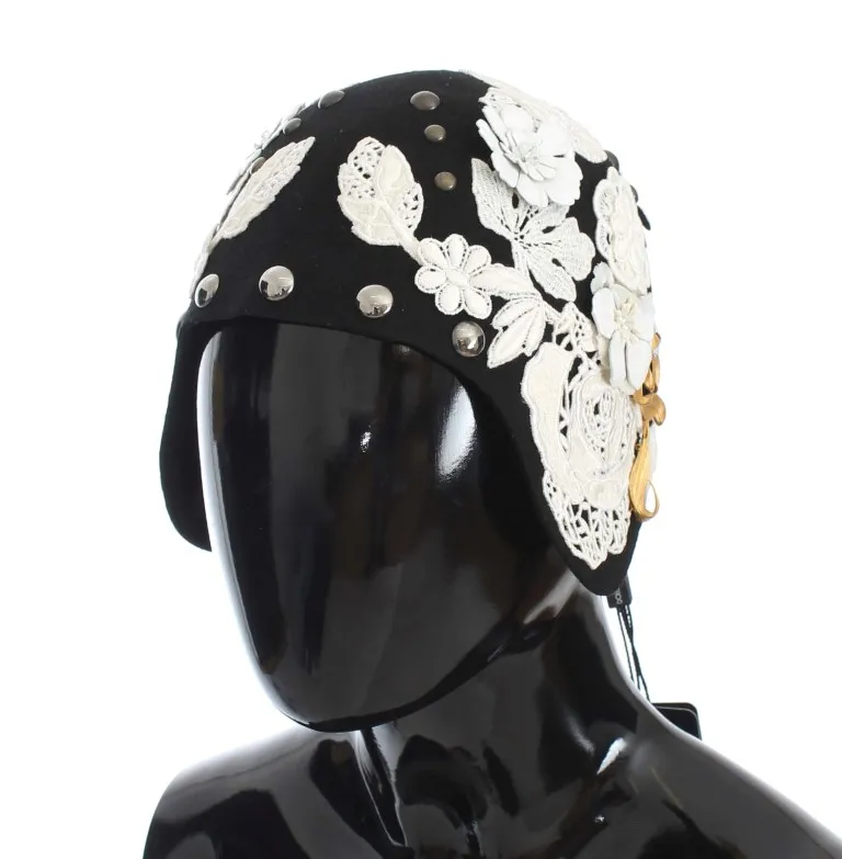 Dolce & Gabbana Women's Elegant Black Floral Wool Cloche Hat