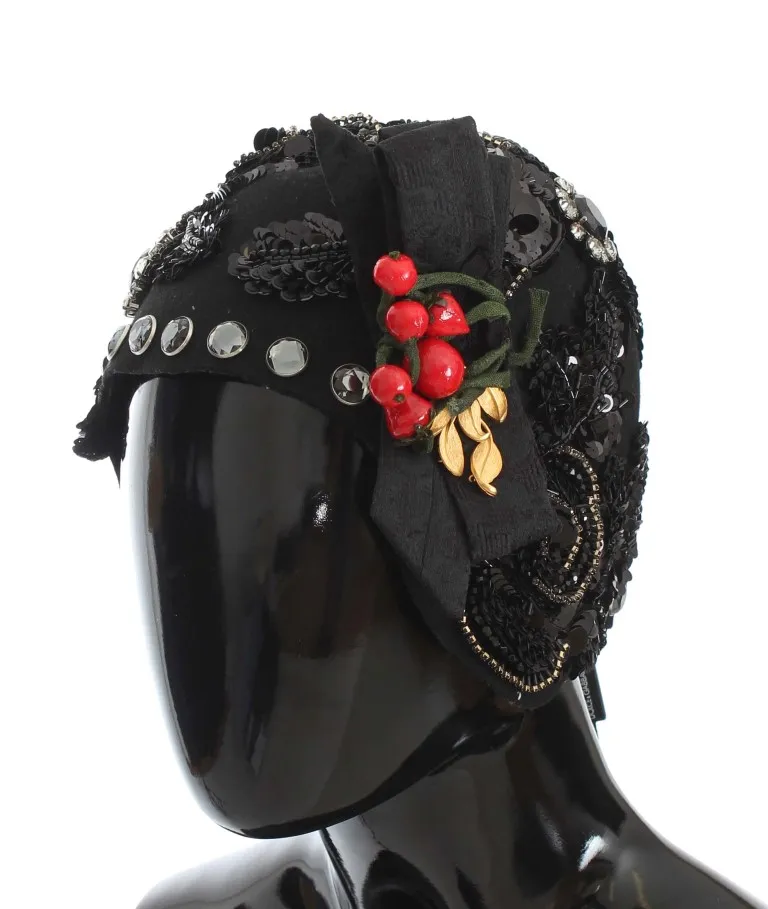 Dolce & Gabbana Women's Elegant Black Crystal-Adorned Cloche Hat