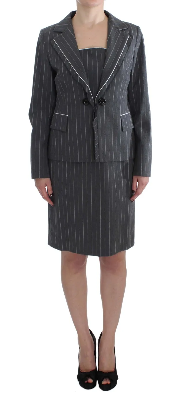 BENCIVENGA Women's Elegant Gray Striped Dress & Blazer Suit Set