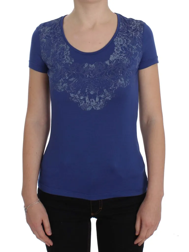 Ermanno Scervino Women's Elegant Blue Crew Neck Tee with Logo Detail