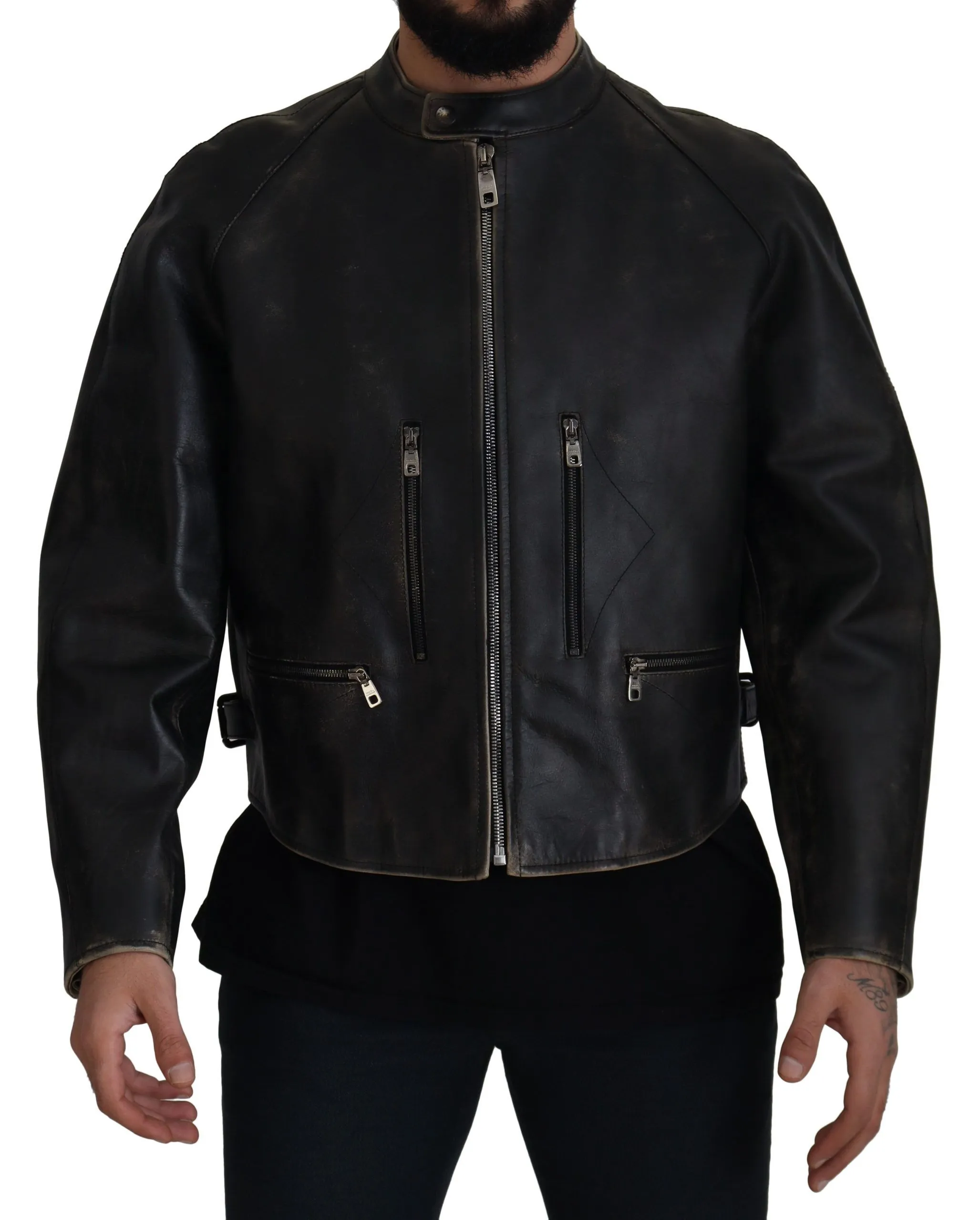 Dolce & Gabbana Men's Elegant Black Leather Jacket with Silver Details