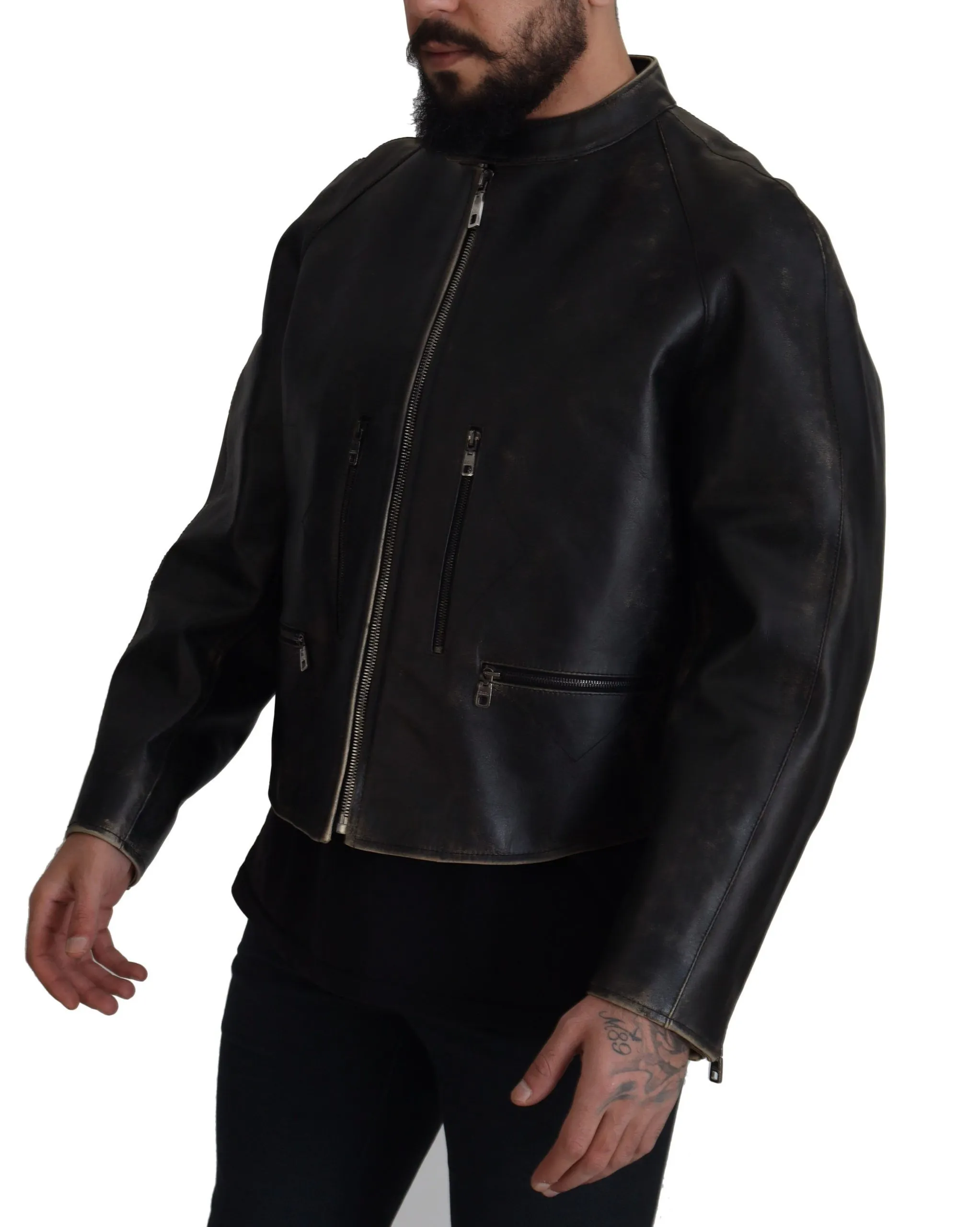 Dolce & Gabbana Men's Elegant Black Leather Jacket with Silver Details