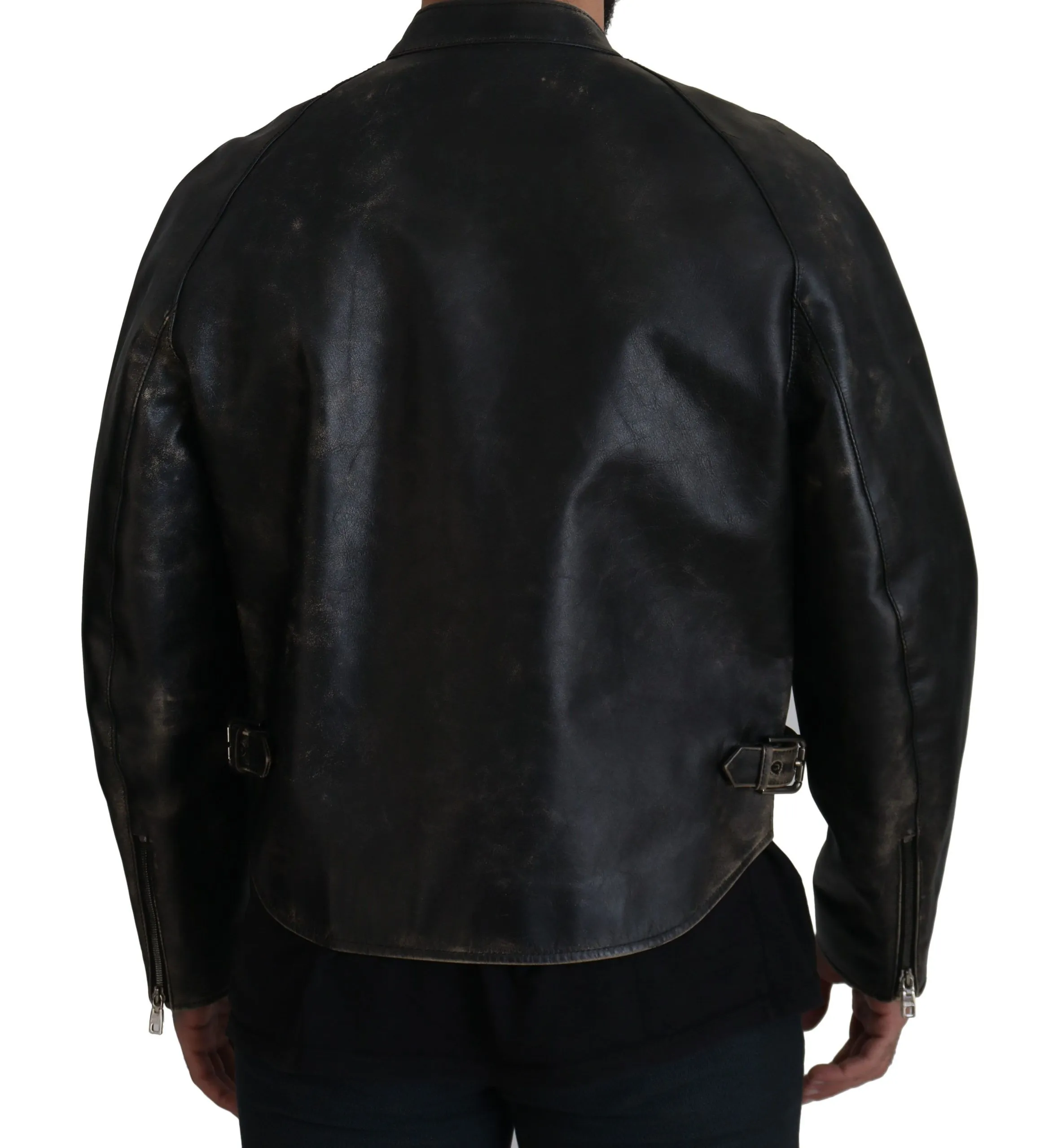 Dolce & Gabbana Men's Elegant Black Leather Jacket with Silver Details
