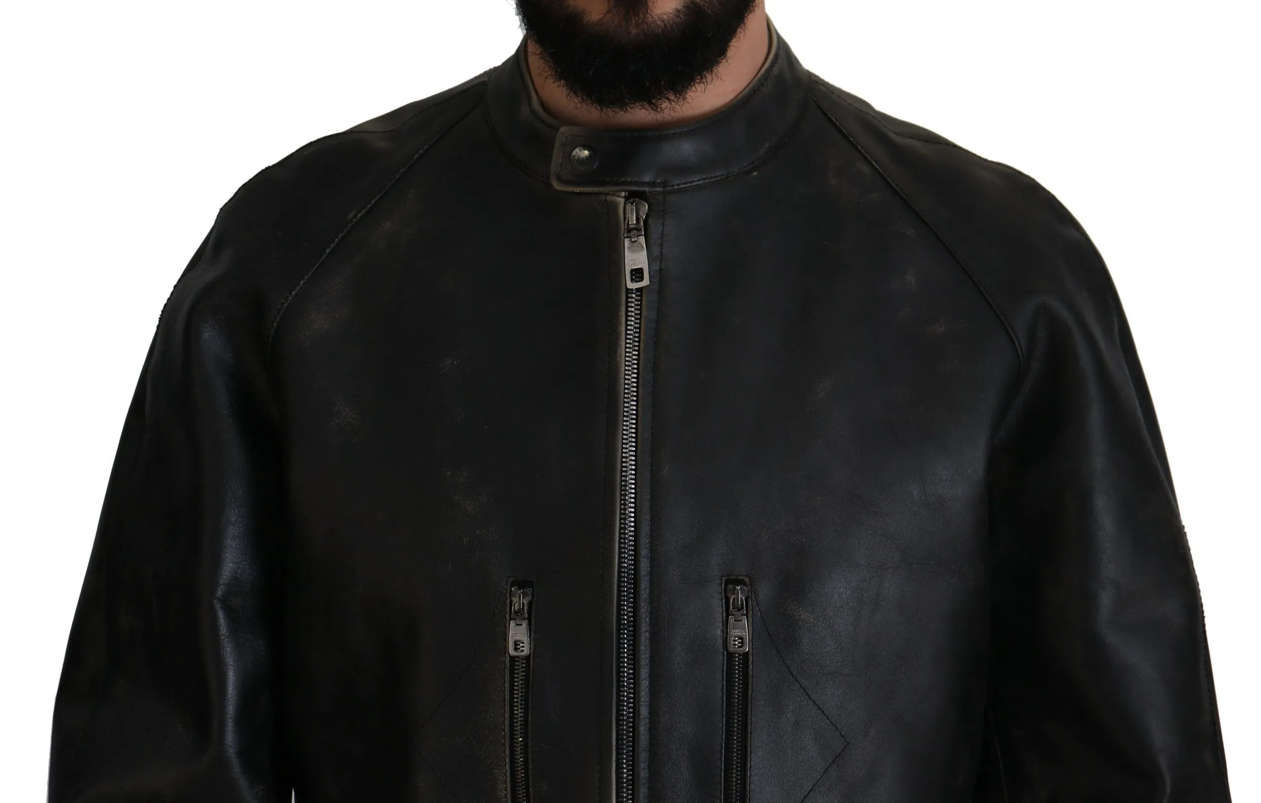 Dolce & Gabbana Men's Elegant Black Leather Jacket with Silver Details