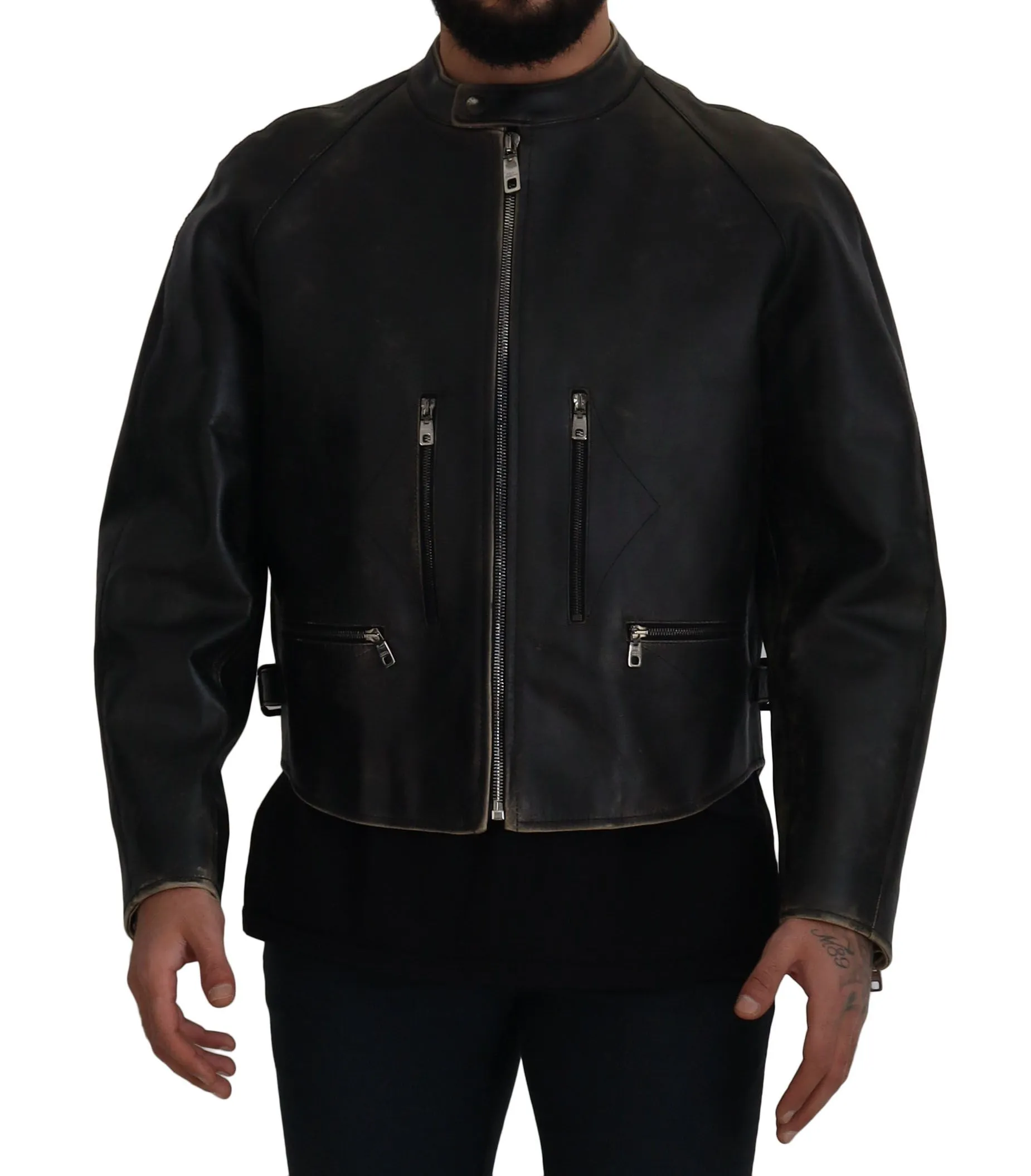 Dolce & Gabbana Men's Elegant Black Leather Jacket with Silver Details