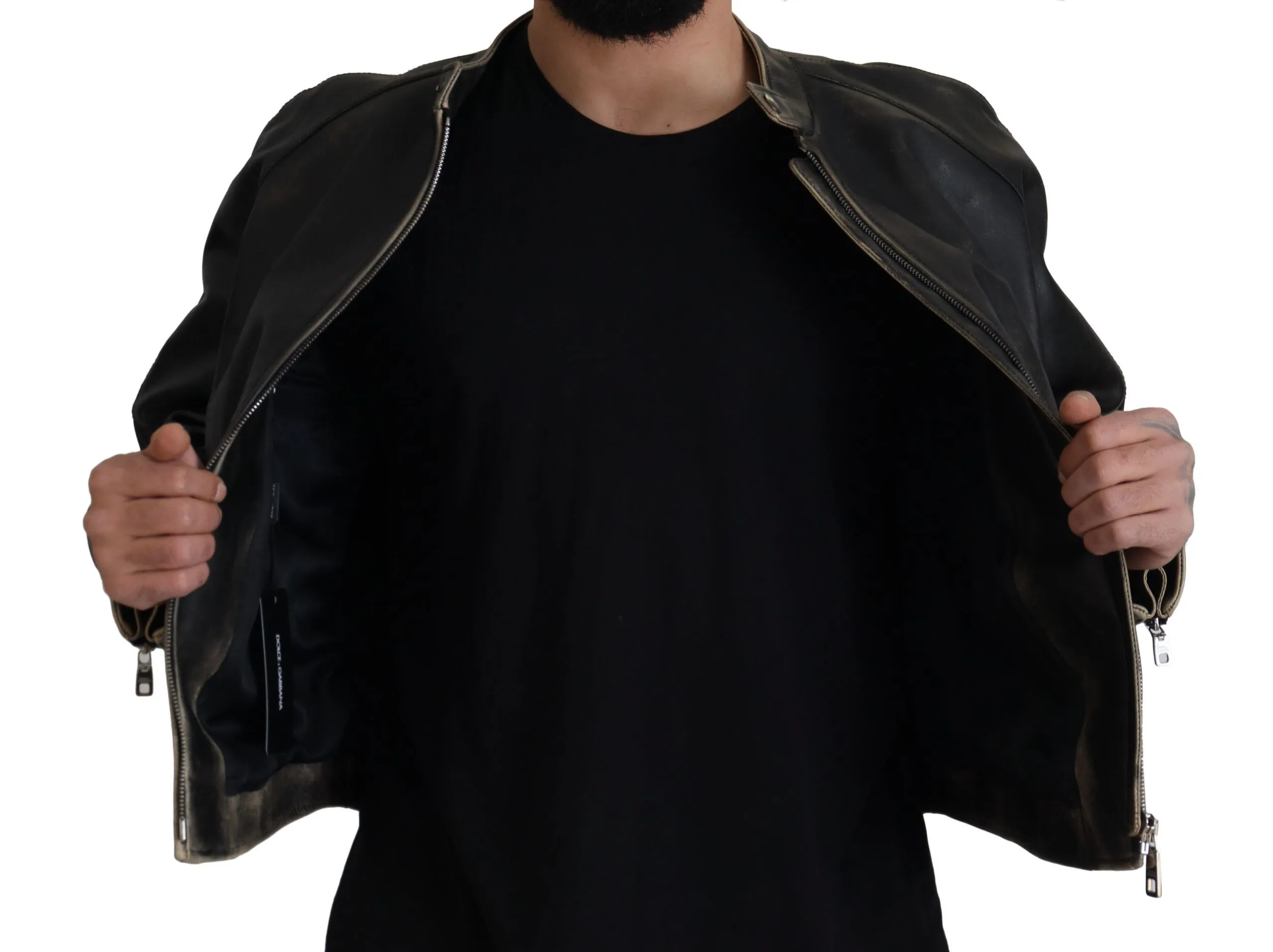Dolce & Gabbana Men's Elegant Black Leather Jacket with Silver Details