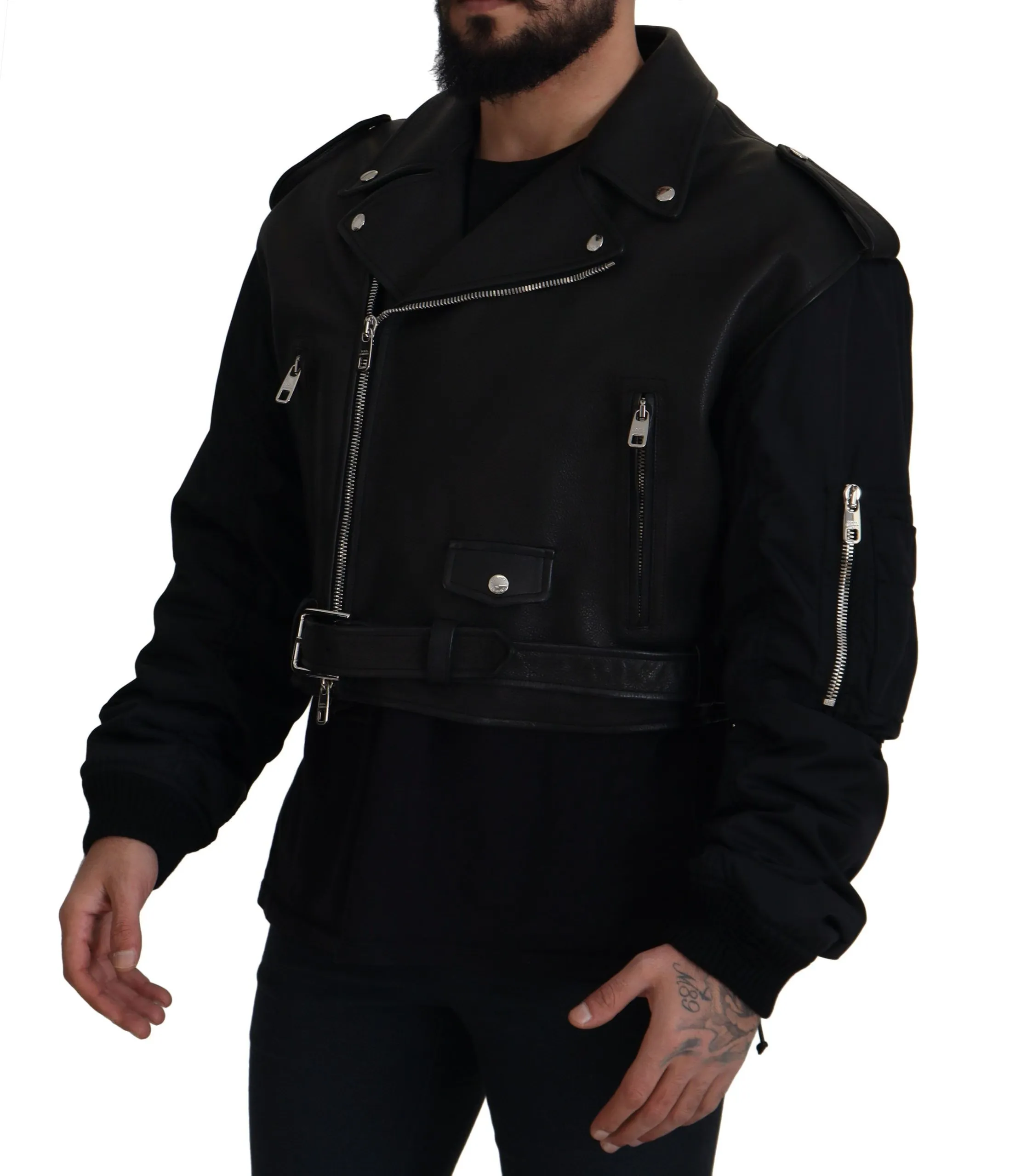 Dolce & Gabbana Men's Sleek Biker Motorcycle Black Belted Jacket