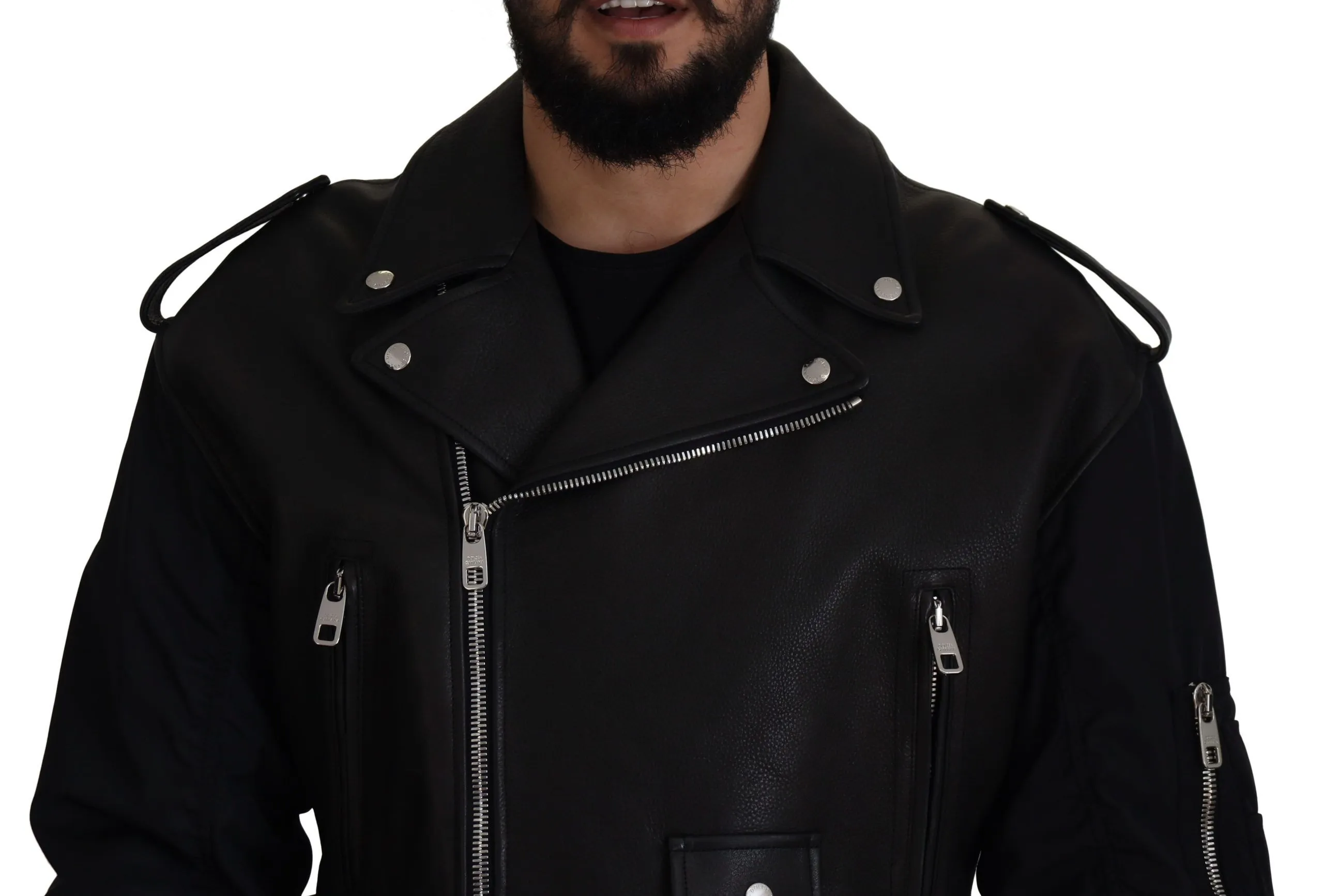 Dolce & Gabbana Men's Sleek Biker Motorcycle Black Belted Jacket