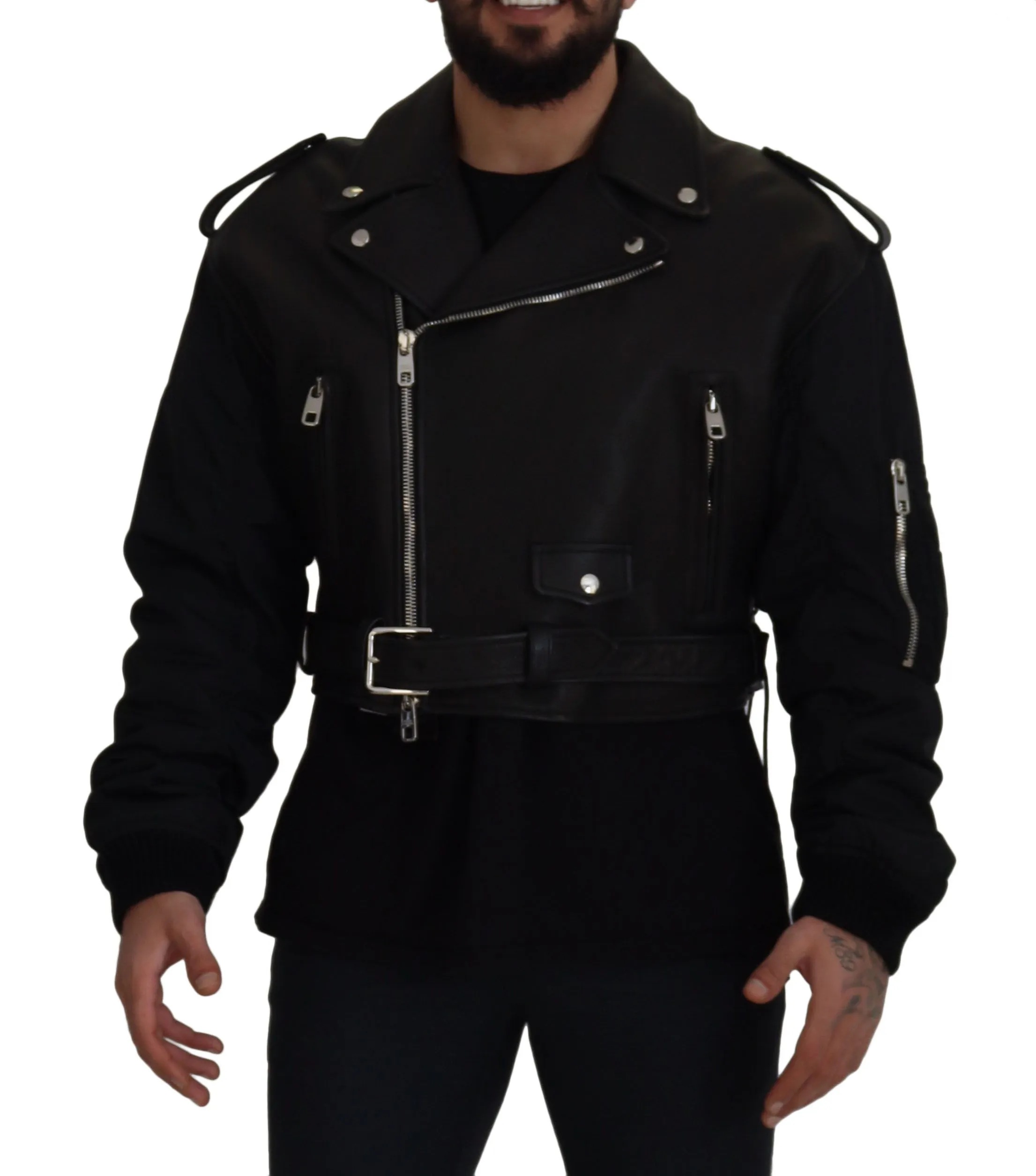 Dolce & Gabbana Men's Sleek Biker Motorcycle Black Belted Jacket