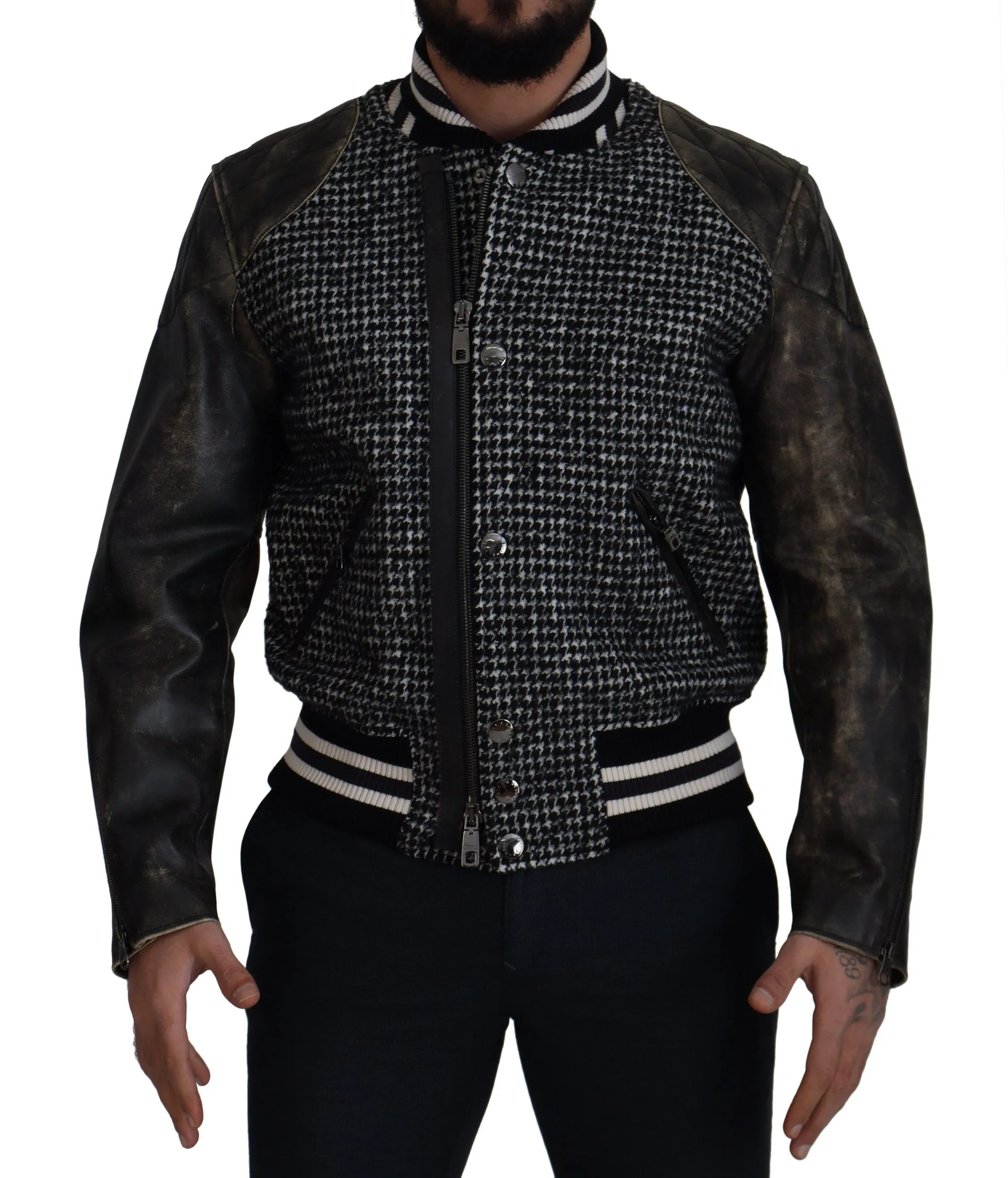 Dolce & Gabbana Men's Multicolor Houndstooth Leather Bomber Jacket