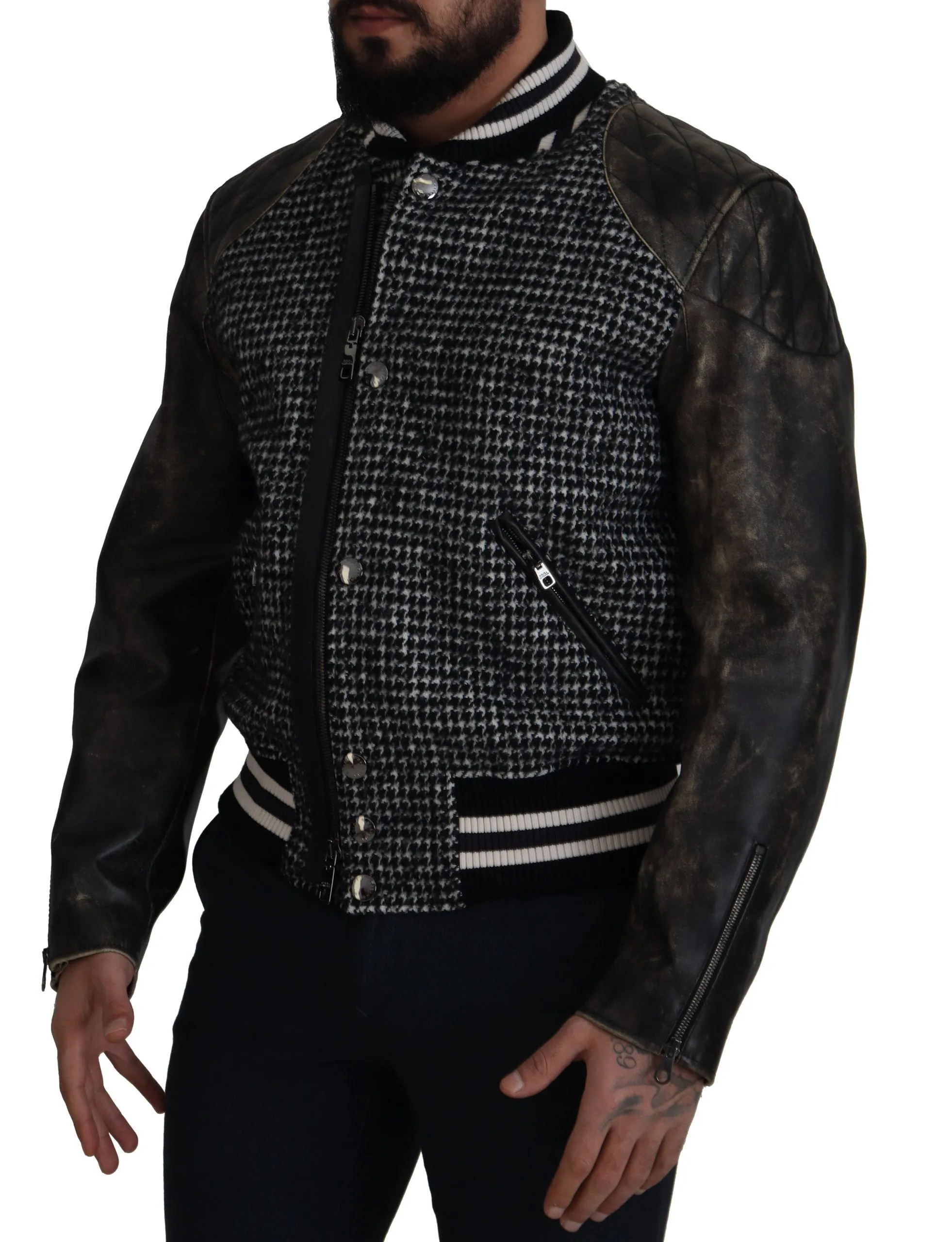 Dolce & Gabbana Men's Multicolor Houndstooth Leather Bomber Jacket