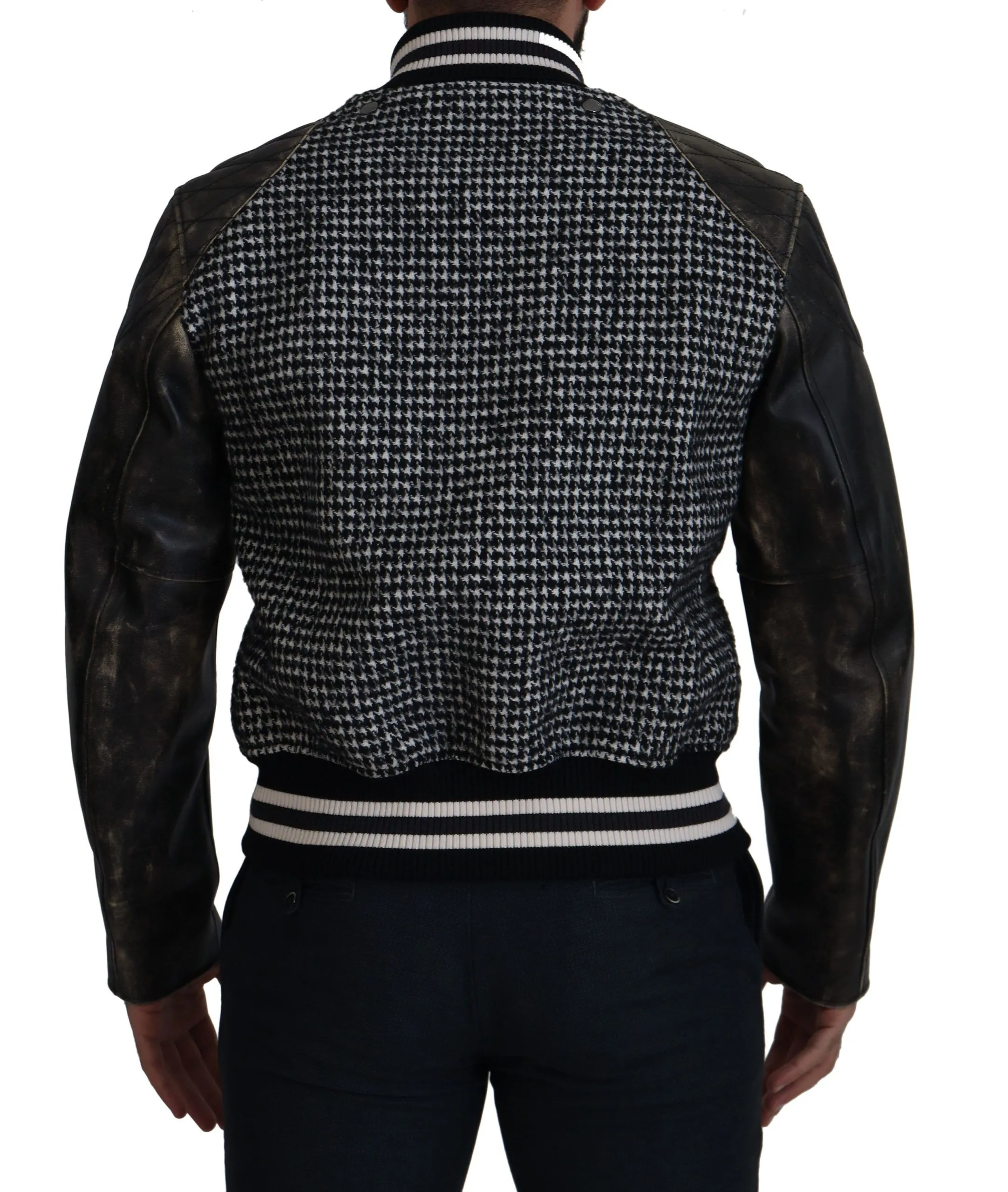 Dolce & Gabbana Men's Multicolor Houndstooth Leather Bomber Jacket