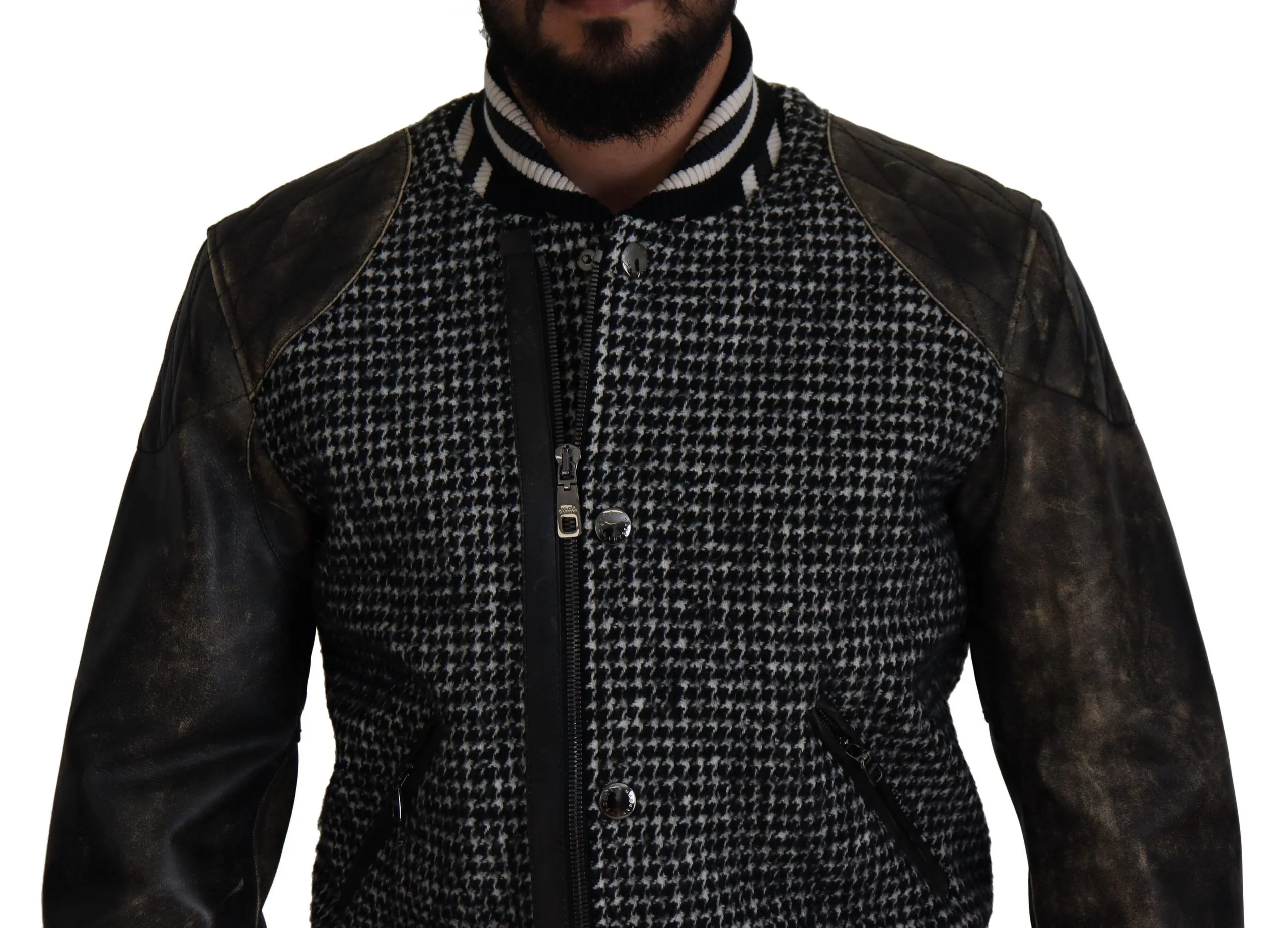 Dolce & Gabbana Men's Multicolor Houndstooth Leather Bomber Jacket