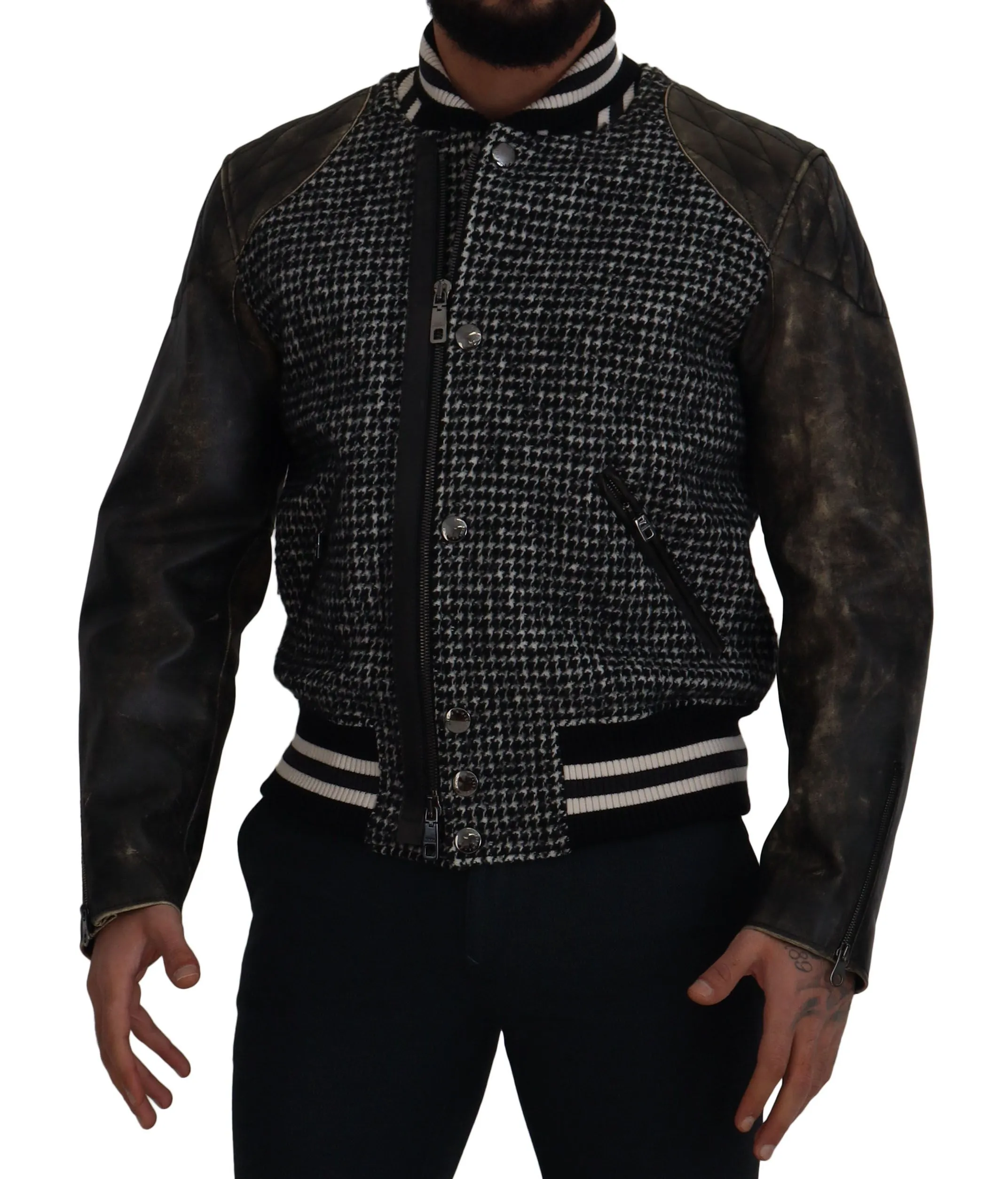 Dolce & Gabbana Men's Multicolor Houndstooth Leather Bomber Jacket