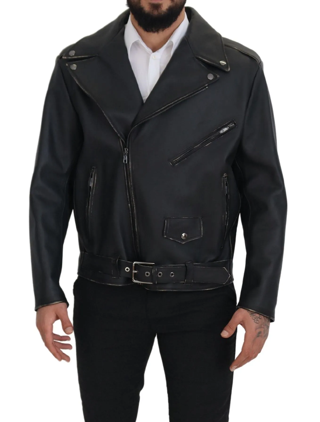 Dolce & Gabbana Men's Elegant Black Leather Biker Jacket