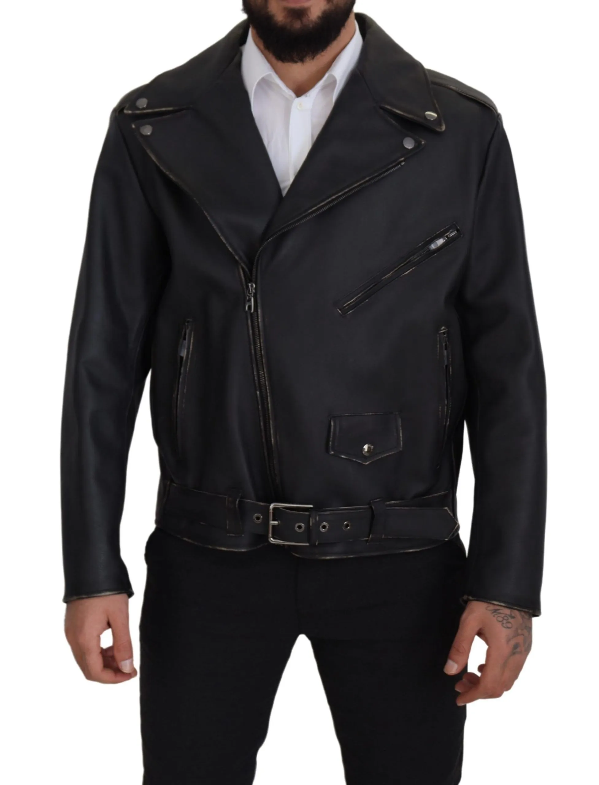 Dolce & Gabbana Men's Elegant Black Leather Biker Jacket