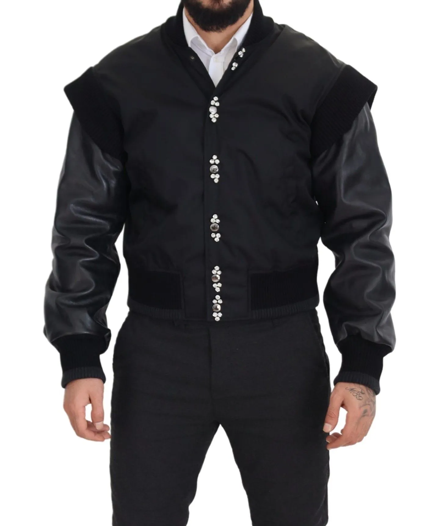 Dolce & Gabbana Men's Elegant Black Crystal-Embellished Bomber Jacket