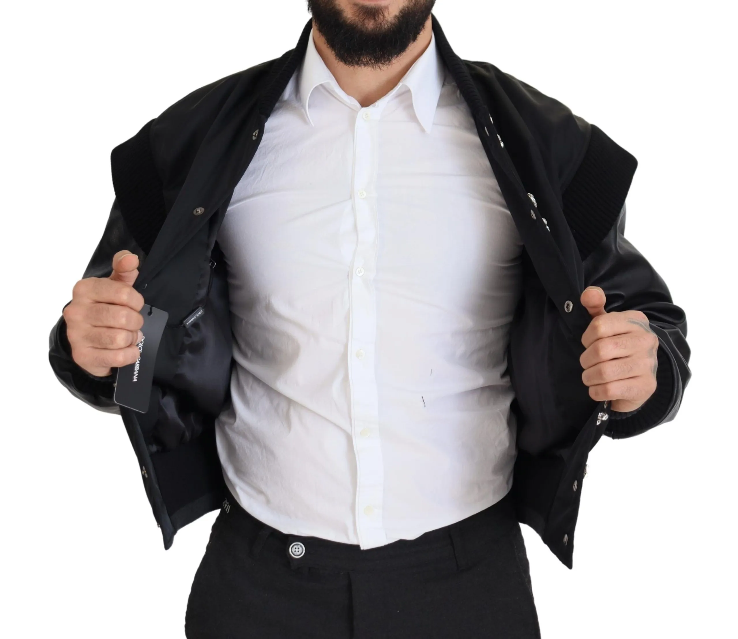 Dolce & Gabbana Men's Elegant Black Crystal-Embellished Bomber Jacket