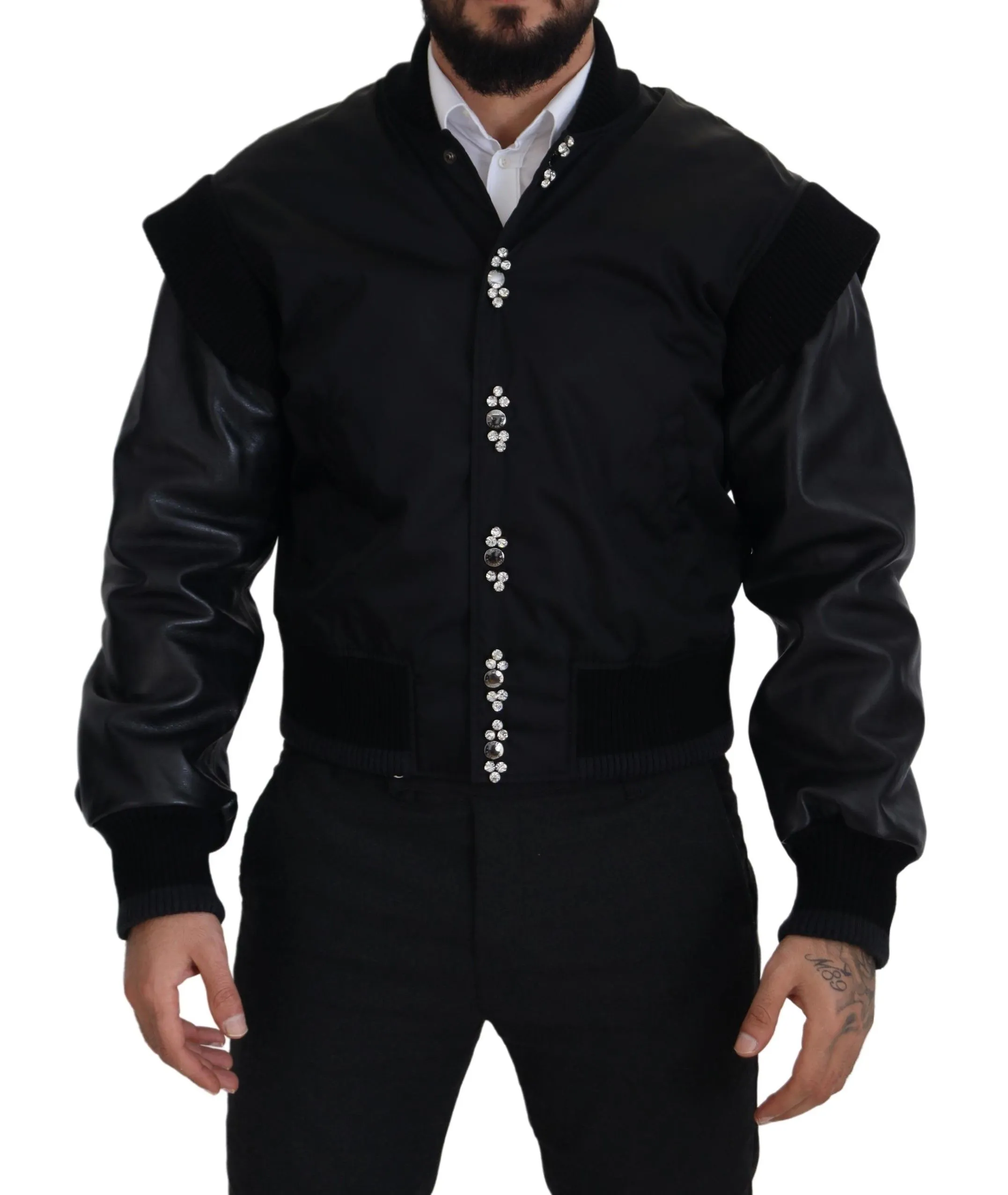 Dolce & Gabbana Men's Elegant Black Crystal-Embellished Bomber Jacket