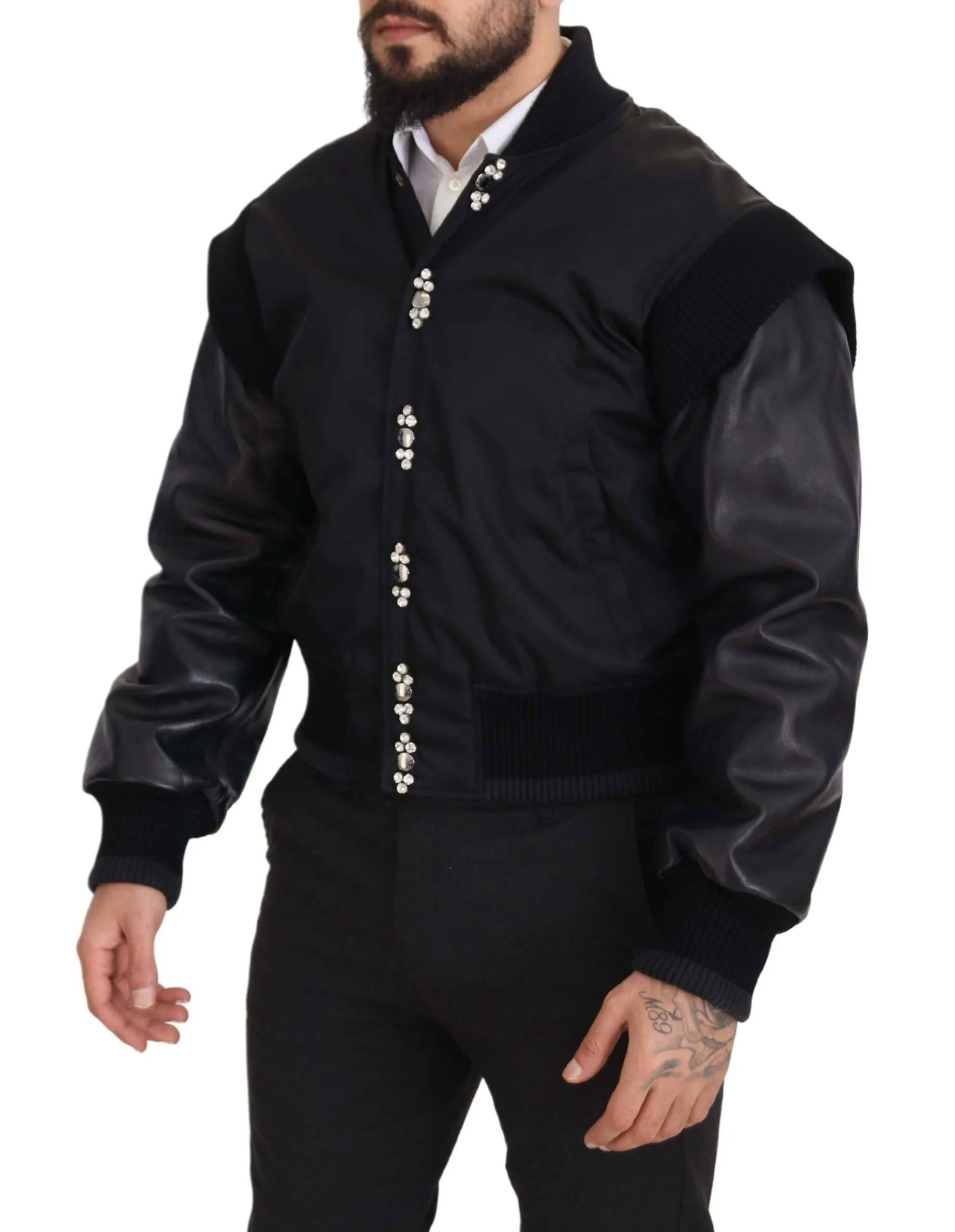 Dolce & Gabbana Men's Elegant Black Crystal-Embellished Bomber Jacket