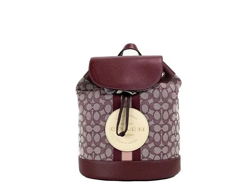 COACH Women's Dempsey Wine Multi Signature Jacquard Canvas Logo Patch Backpack