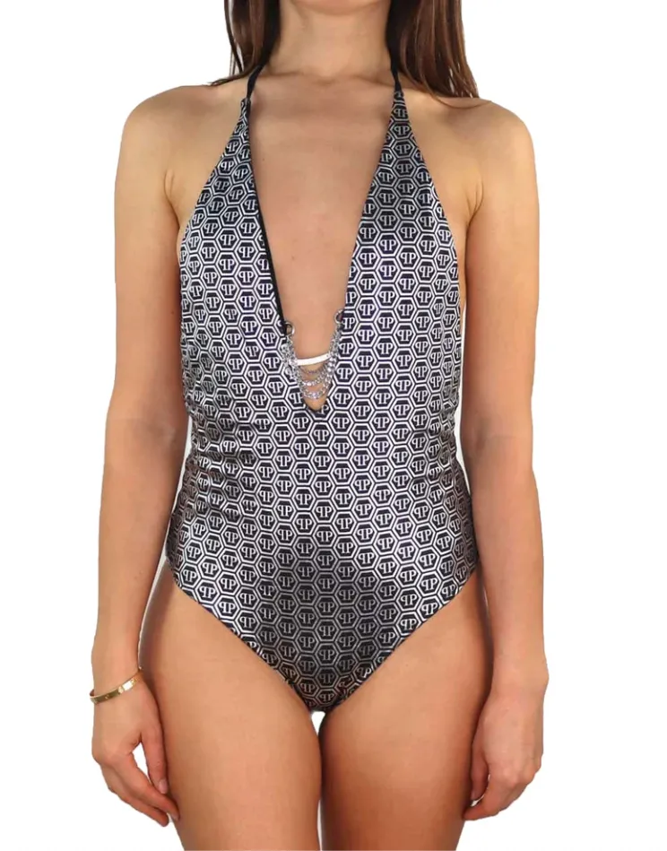 Philipp Plein Women's Glamorous Silver-Logo One-Piece Swimsuit