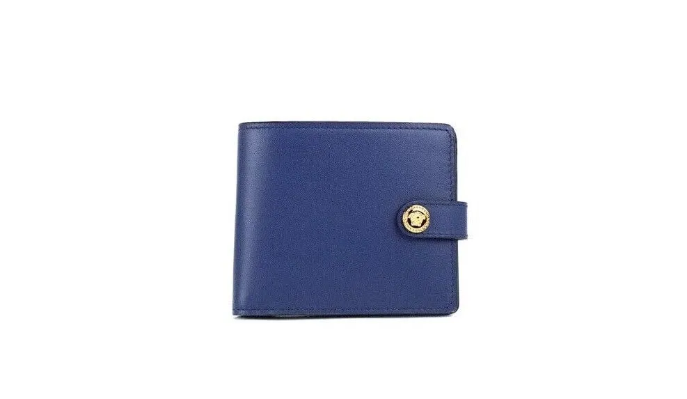 Versace Men's Navy Blue Compact Smooth Leather Gold Toned Medusa Snap Bifold Wallet