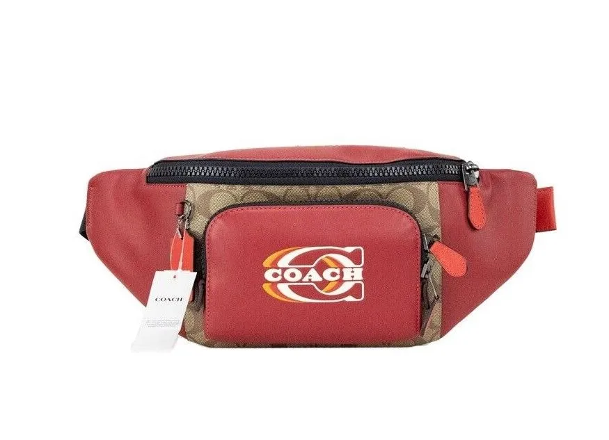 COACH Women's Track Colorblock Khaki Coated Canvas Red Leather Stamp Belt Bag