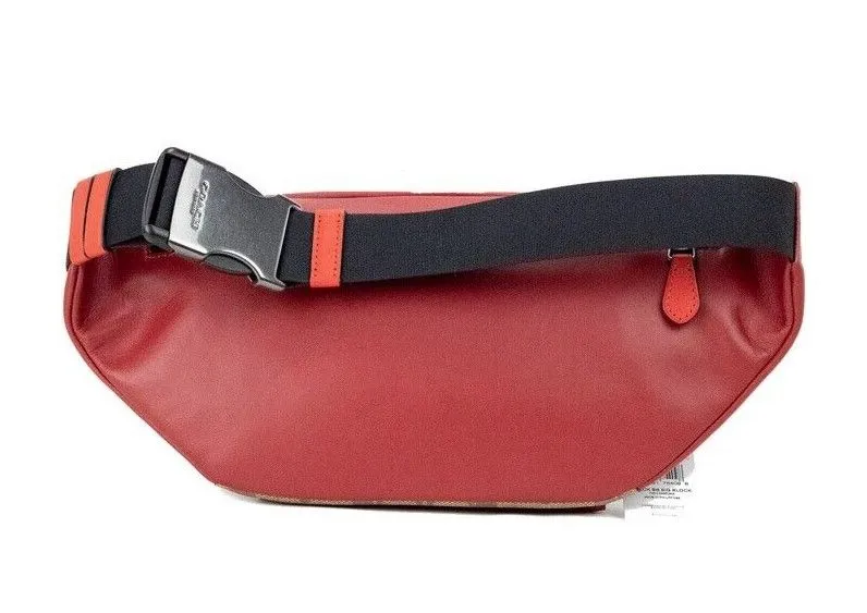 COACH Women's Track Colorblock Khaki Coated Canvas Red Leather Stamp Belt Bag