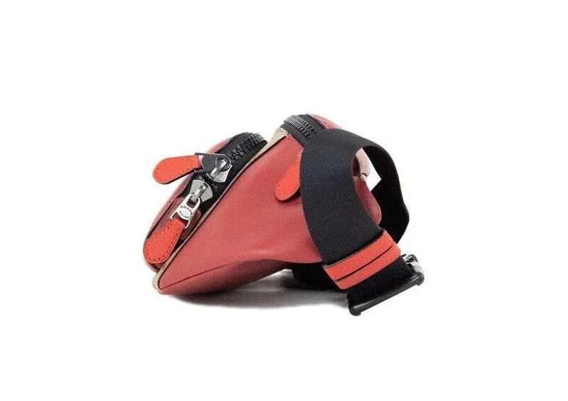 COACH Women's Track Colorblock Khaki Coated Canvas Red Leather Stamp Belt Bag