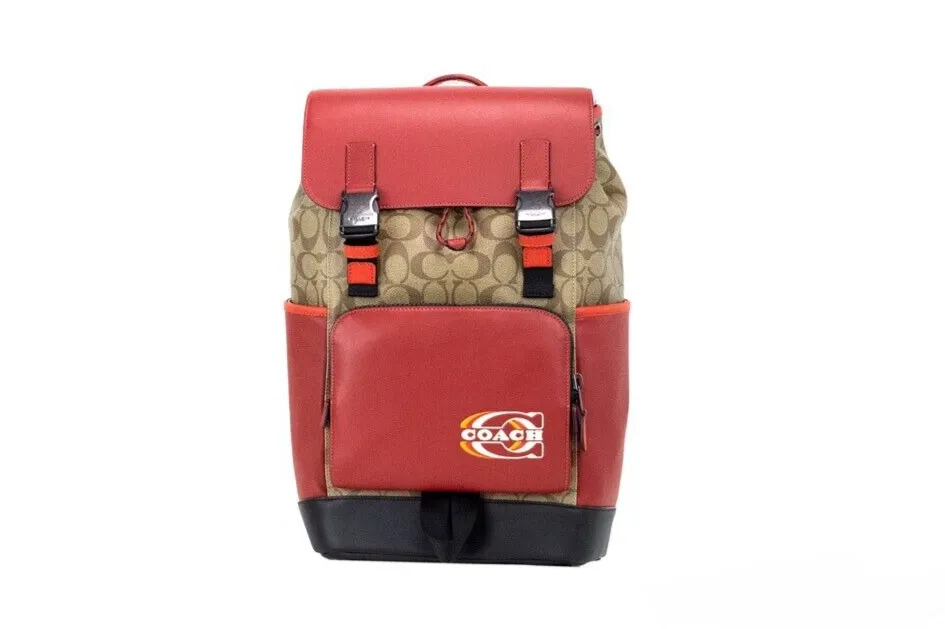 COACH Women's Track Colorblock Khaki Canvas Red Leather Logo Stamp Backpack Bag