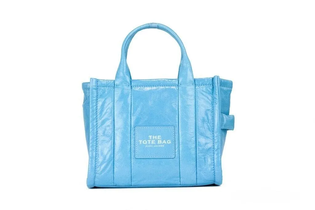 Marc Jacobs Women's The Shiny Crinkle Mini Tote Air Blue Leather Crossbody Handbag Purse