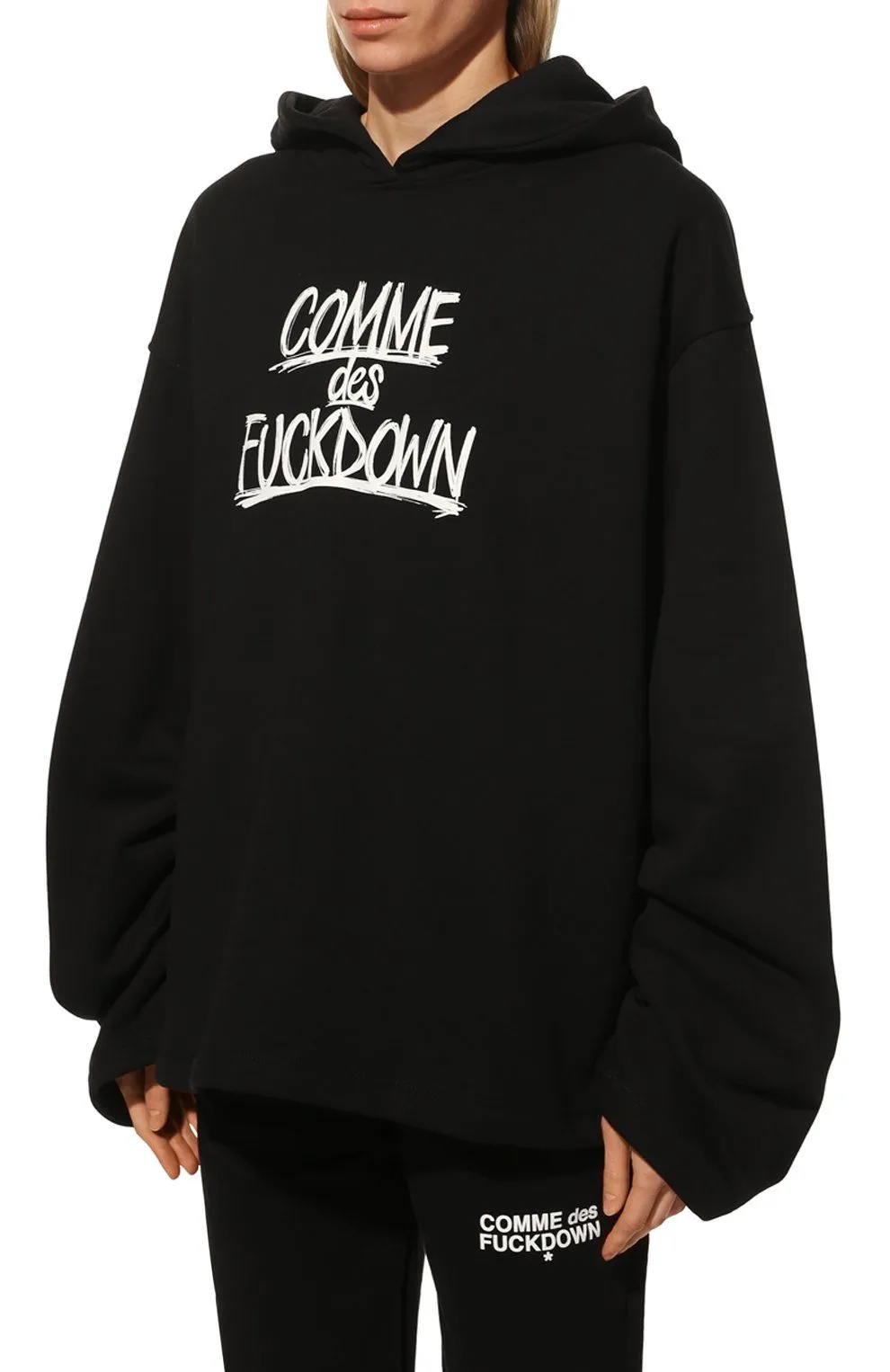Comme Des Fuckdown Women's Black Cotton Hooded Sweatshirt with Bold Prints