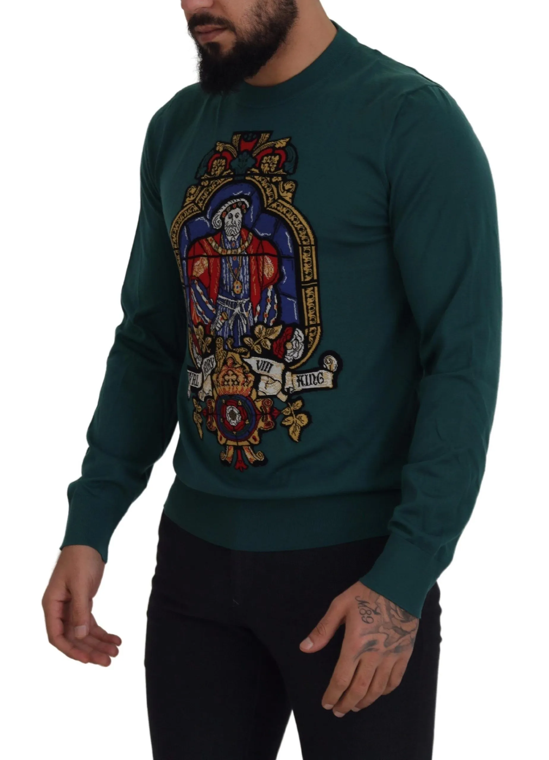 Dolce & Gabbana Men's Regal Green Wool-Silk Blend Crewneck Sweater