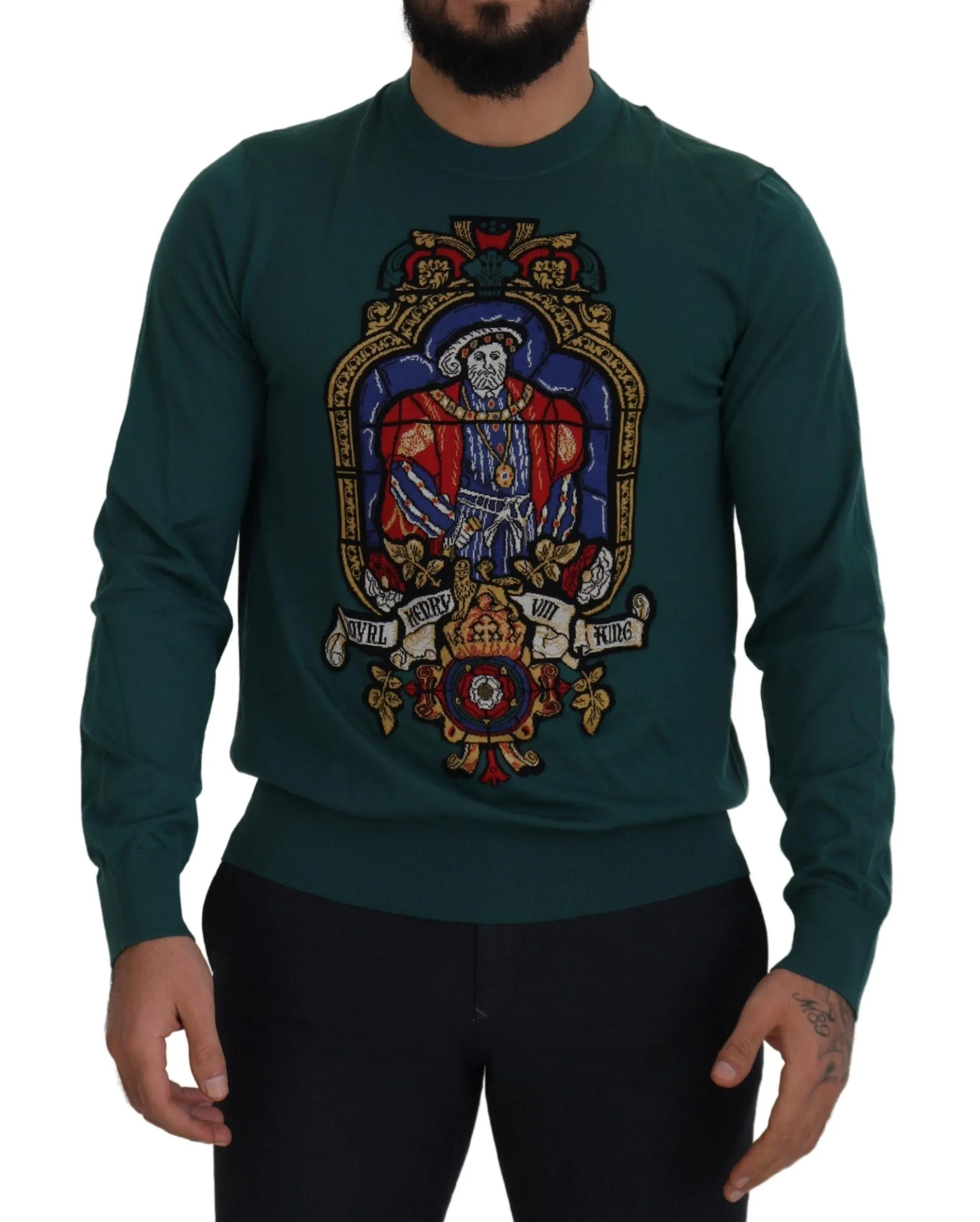 Dolce & Gabbana Men's Regal Green Wool-Silk Blend Crewneck Sweater