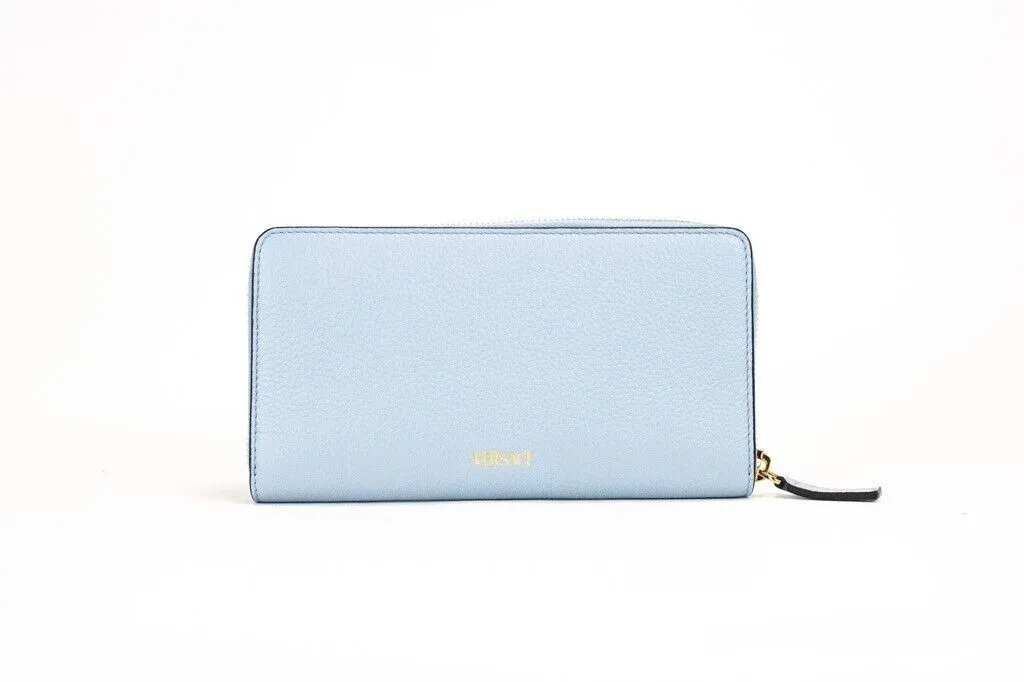 Versace Women's Large Cornflower Grainy Leather Gold Monogram Zip Around Clutch Wallet