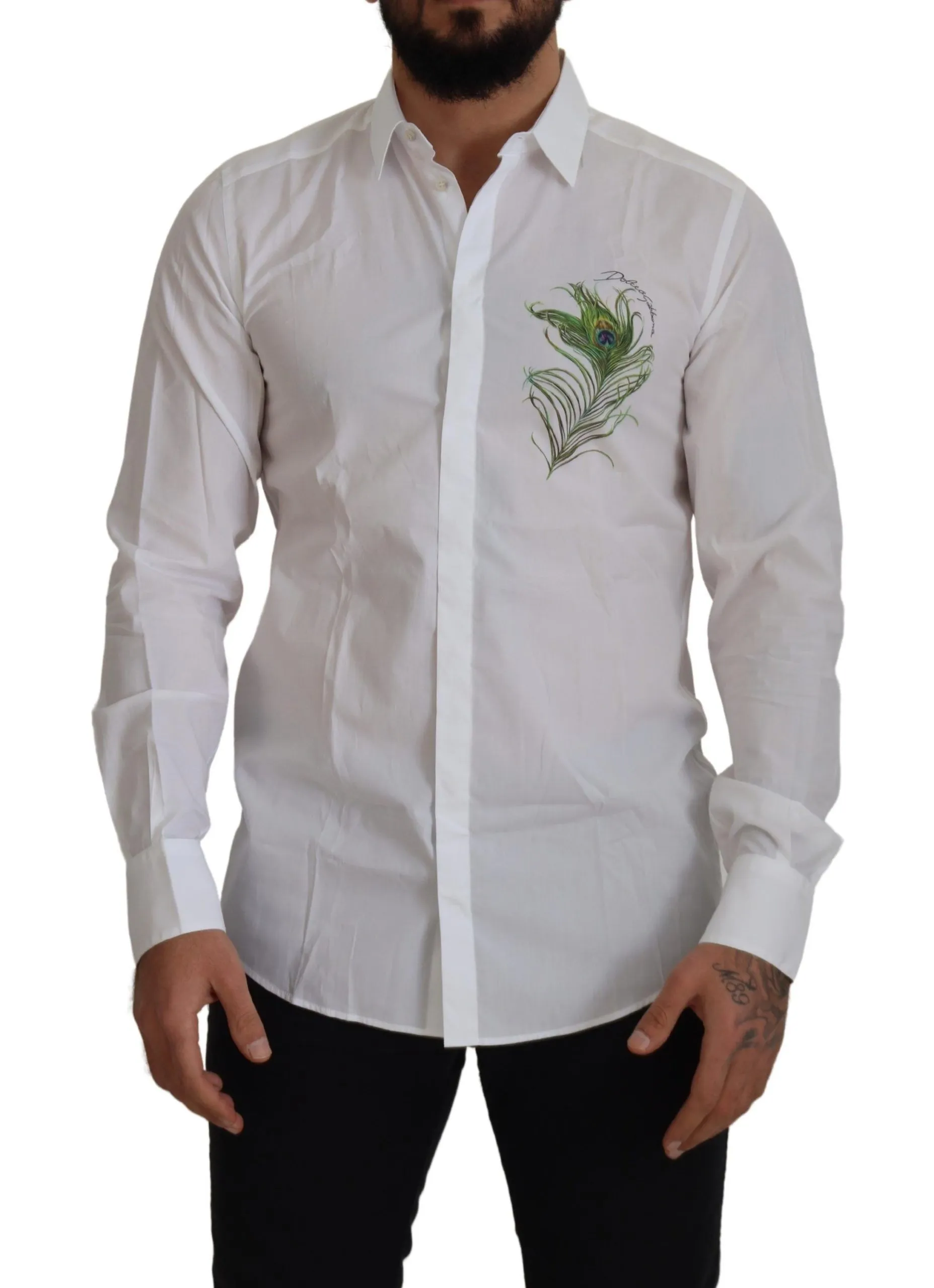 Dolce & Gabbana Men's Elegant White Peacock Feather Dress Shirt