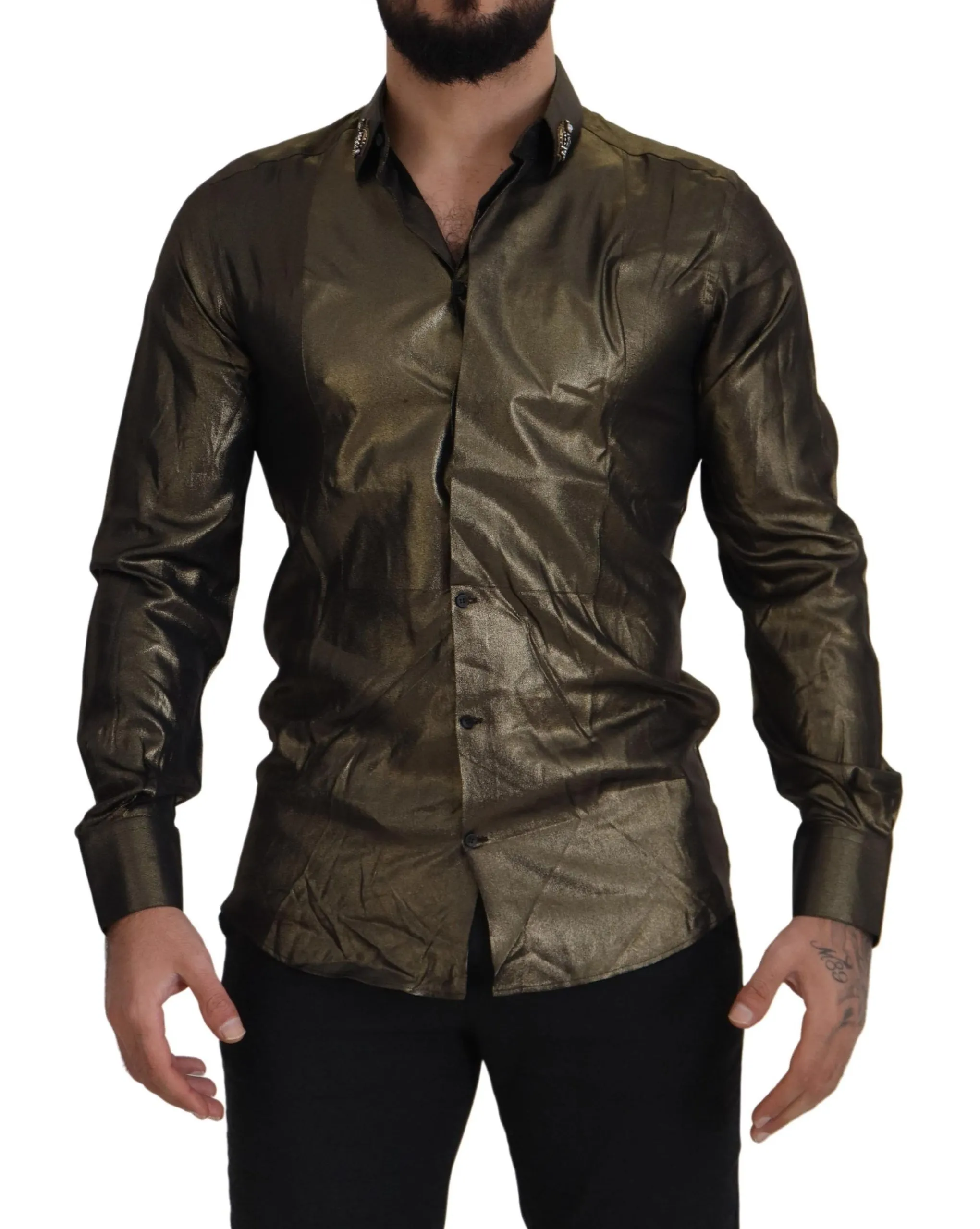 Dolce & Gabbana Men's Elegant Gold Slim Fit Shirt with Crown Embroidery