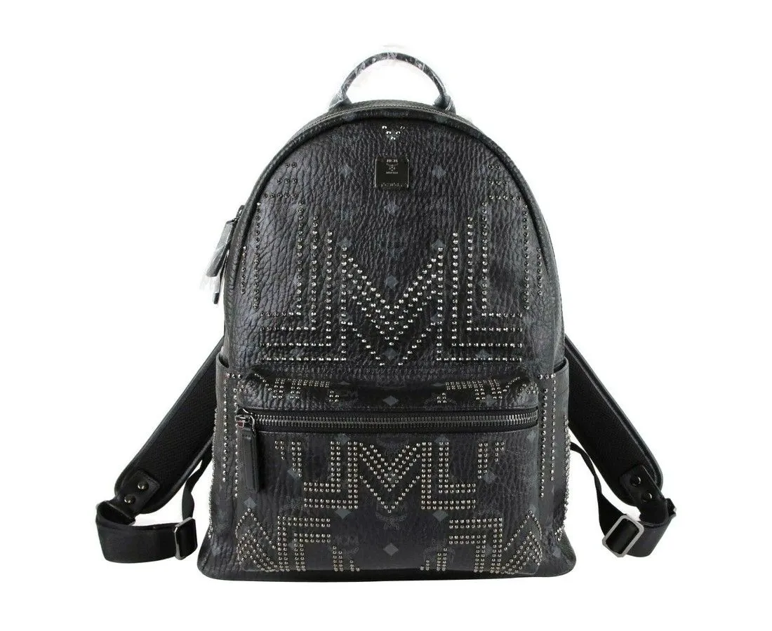 MCM Women's MCM Black Coated Canvas Studded Medium Backpack