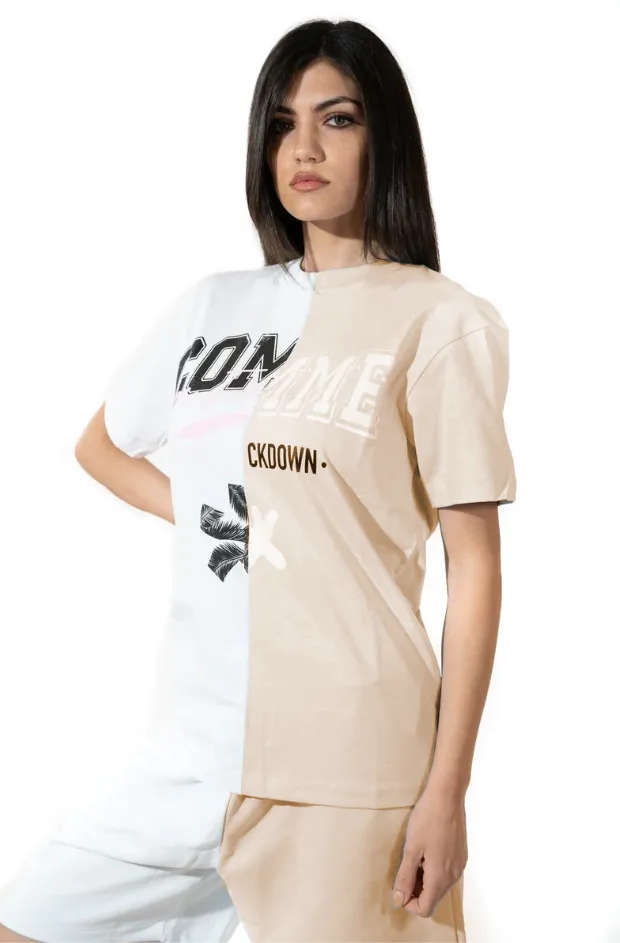 Comme Des Fuckdown Women's Chic Beige Two-Tone Logo Tee