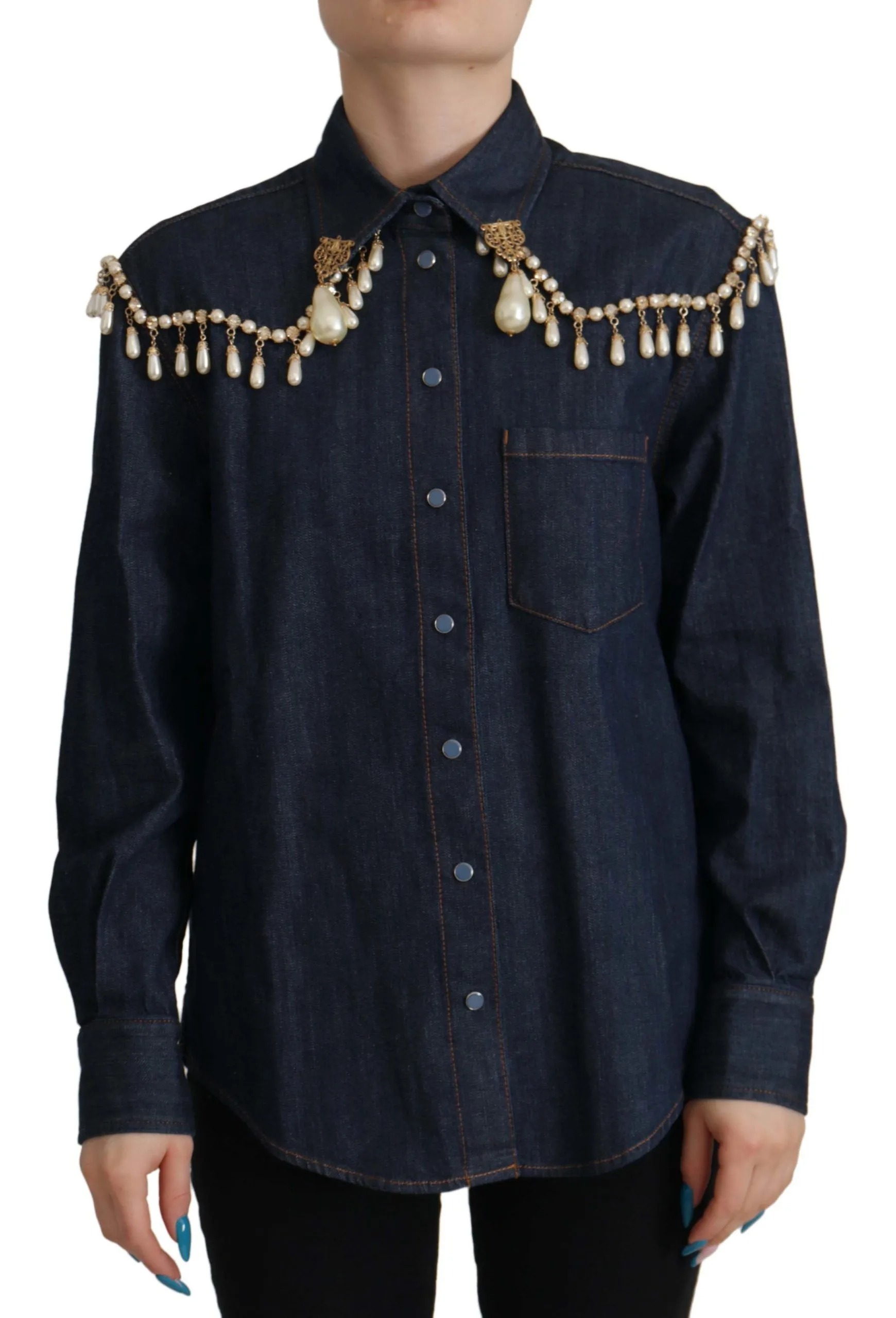 Dolce & Gabbana Women's Chic Pearl Embellished Denim Shirt