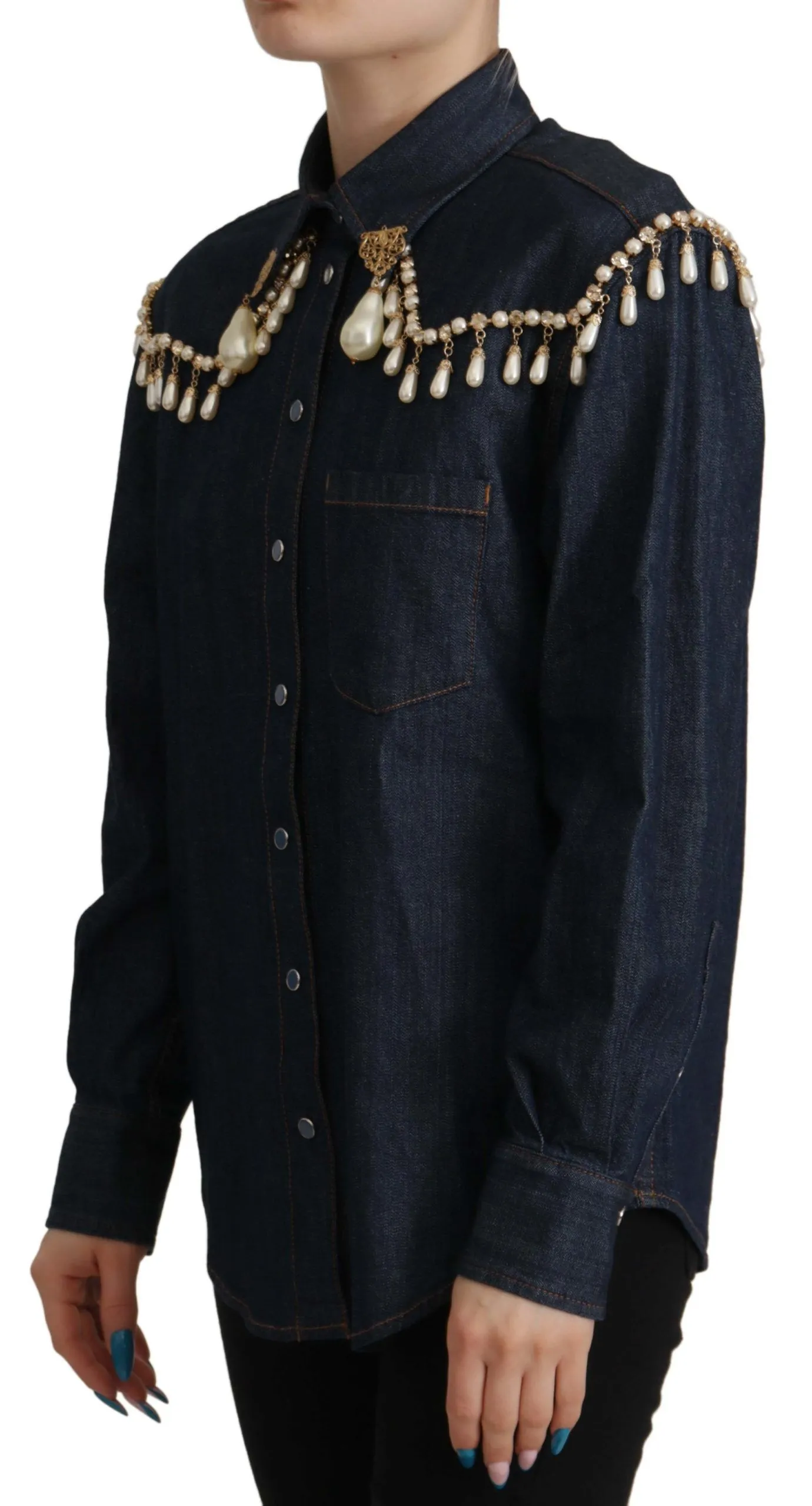 Dolce & Gabbana Women's Chic Pearl Embellished Denim Shirt