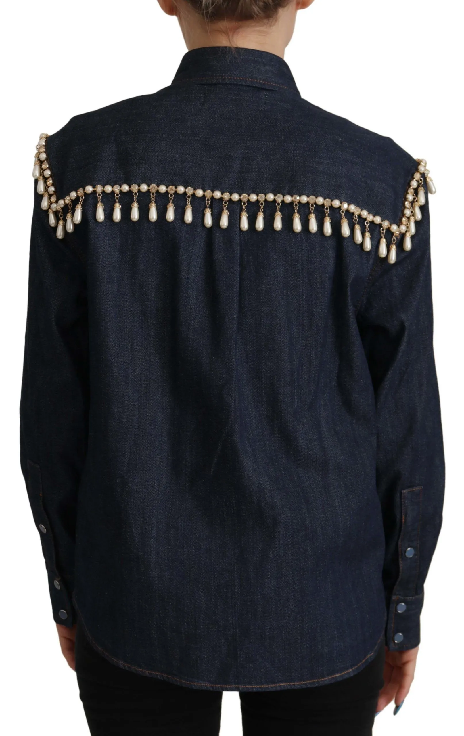 Dolce & Gabbana Women's Chic Pearl Embellished Denim Shirt
