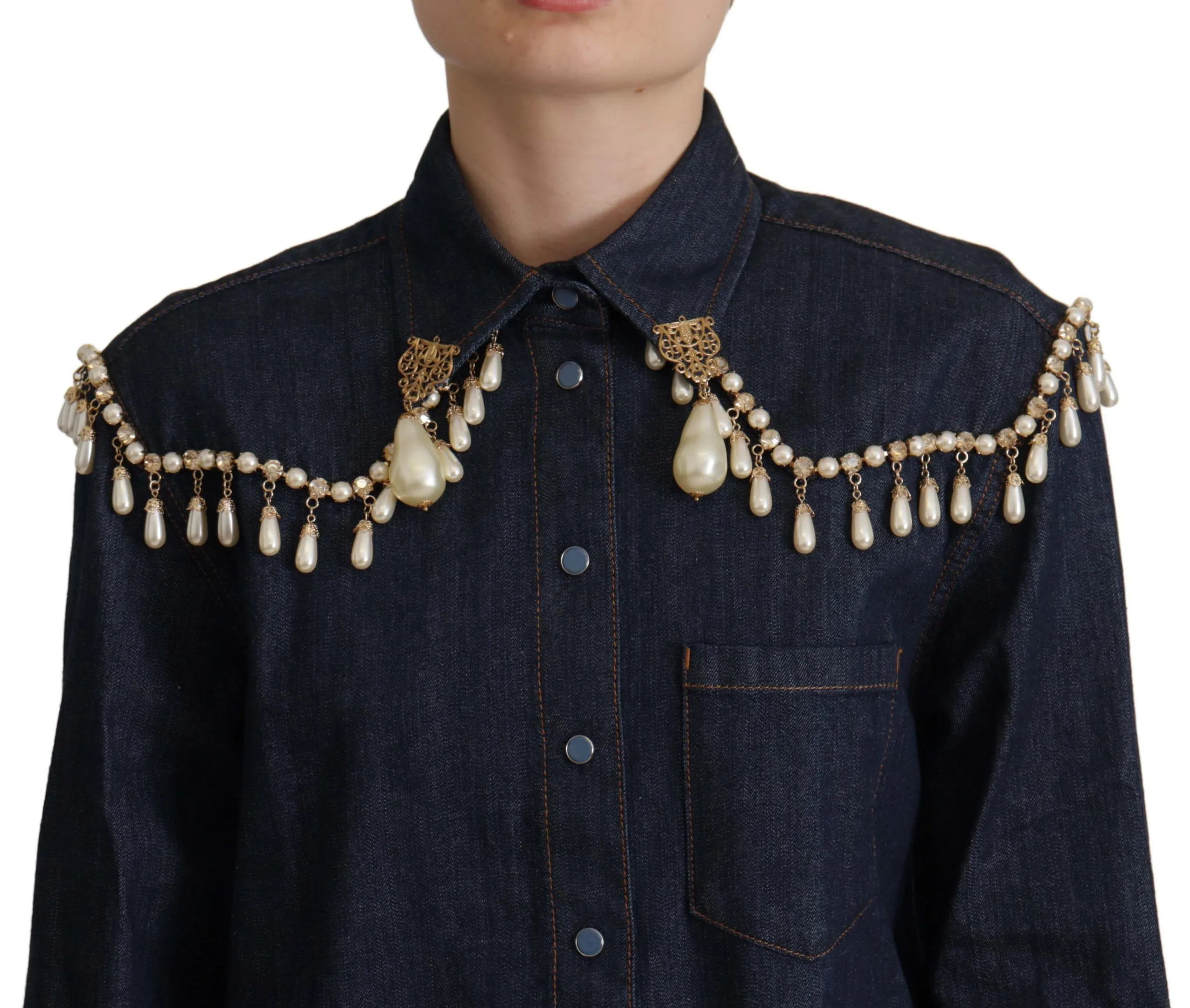 Dolce & Gabbana Women's Chic Pearl Embellished Denim Shirt