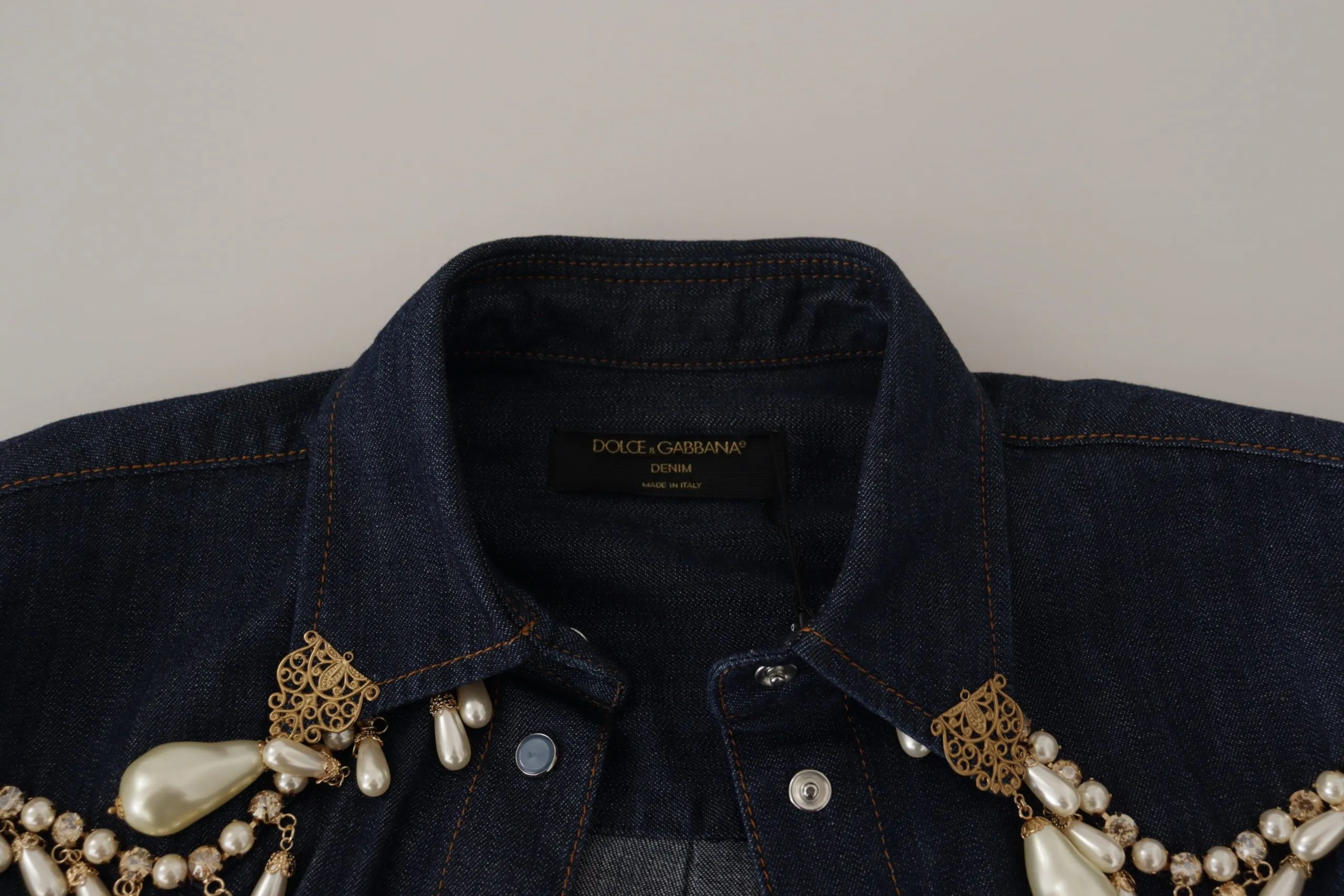 Dolce & Gabbana Women's Chic Pearl Embellished Denim Shirt