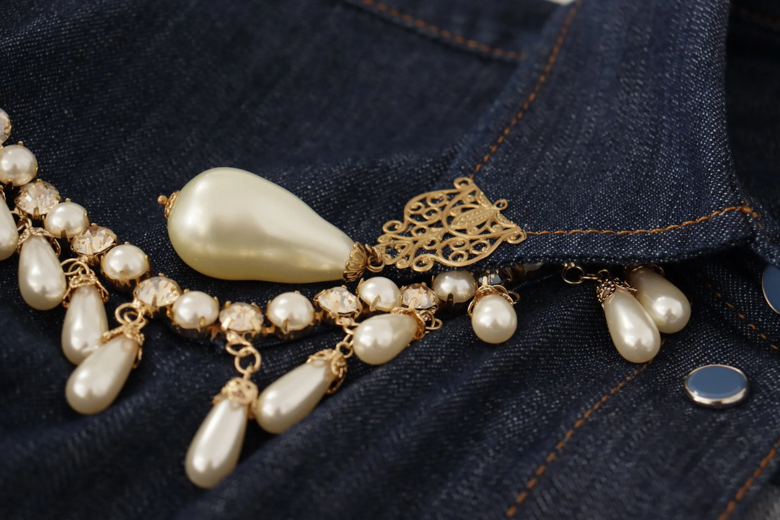 Dolce & Gabbana Women's Chic Pearl Embellished Denim Shirt