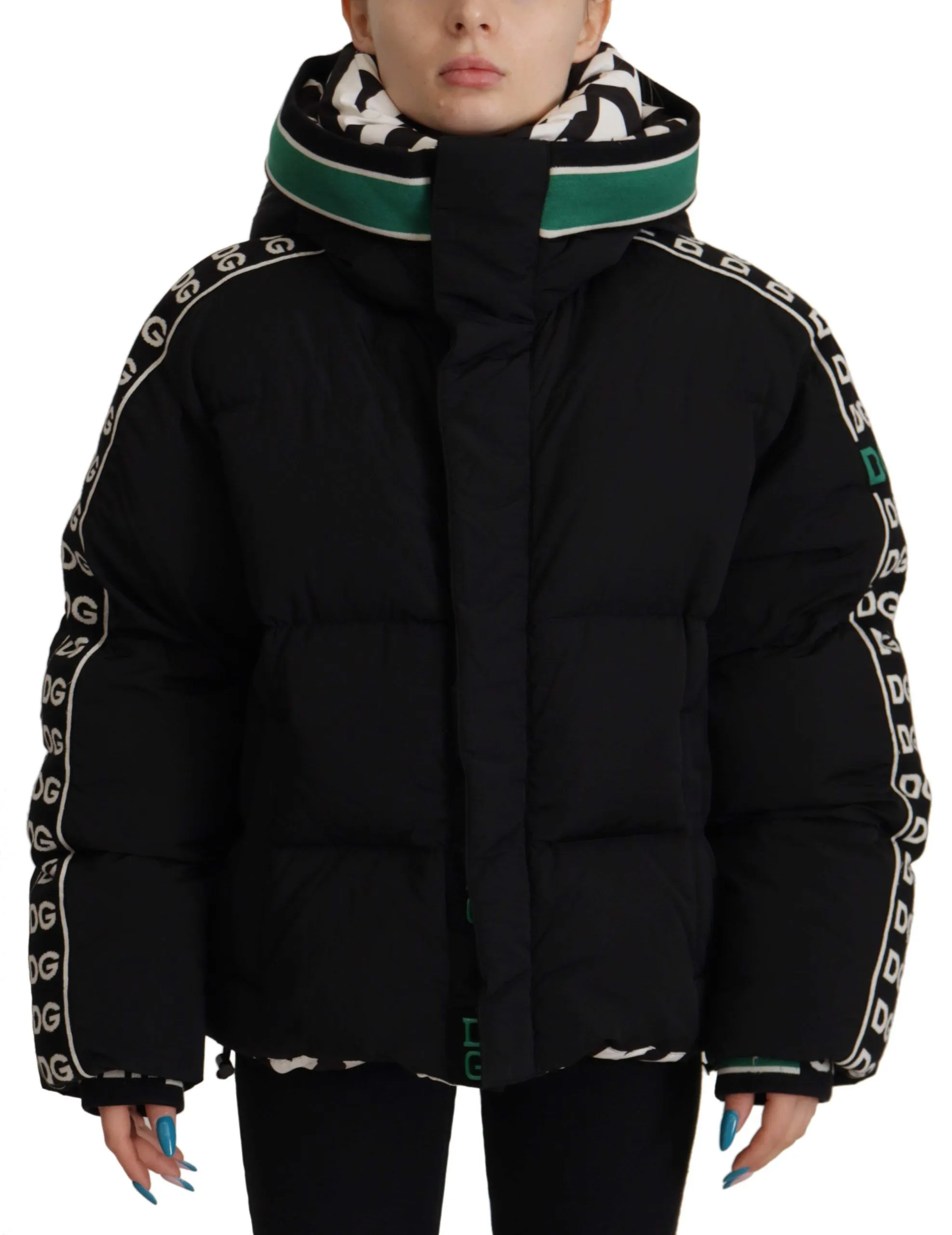 Dolce & Gabbana Women's Elegant Black Puffer Jacket with Knit Logo Details