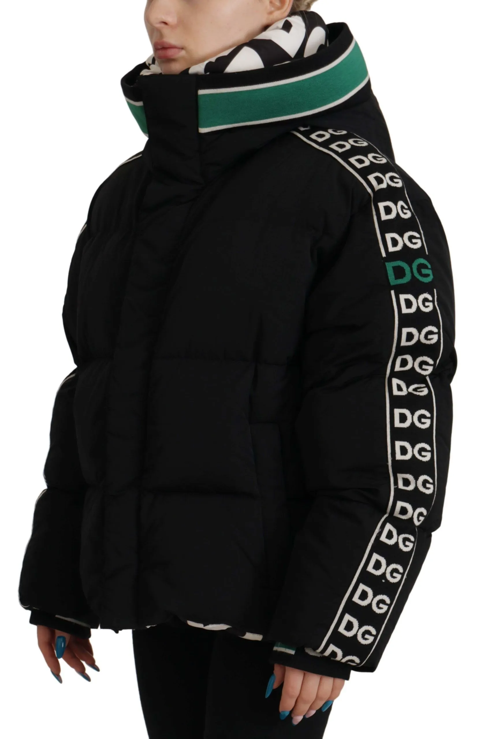 Dolce & Gabbana Women's Elegant Black Puffer Jacket with Knit Logo Details