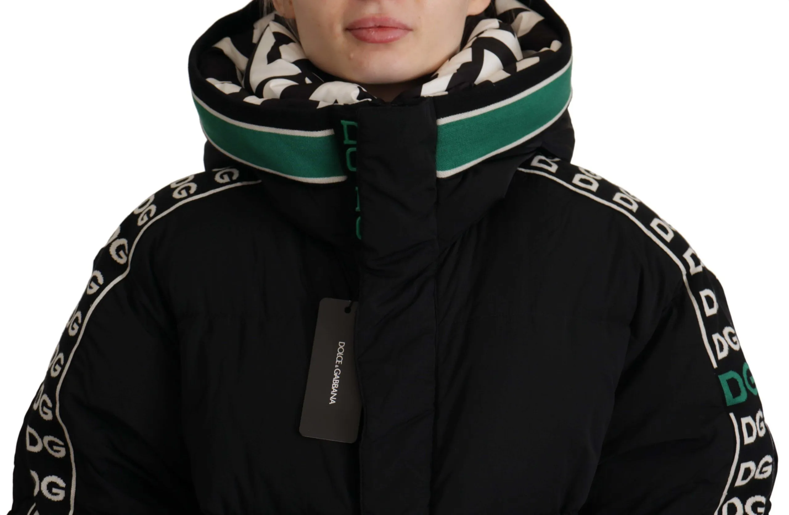 Dolce & Gabbana Women's Elegant Black Puffer Jacket with Knit Logo Details