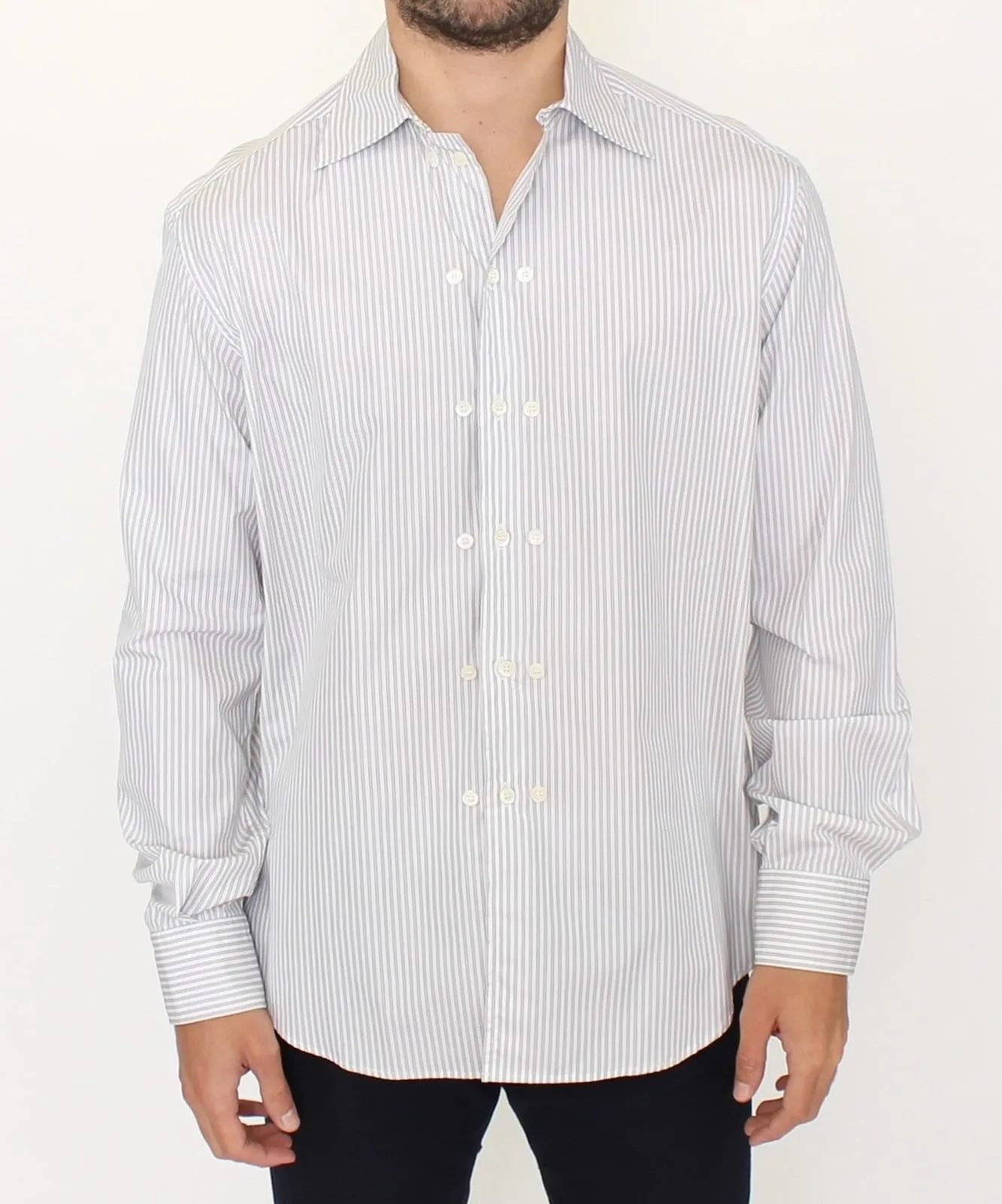 Ermanno Scervino Men's Elegant White and Gray Striped Cotton Shirt
